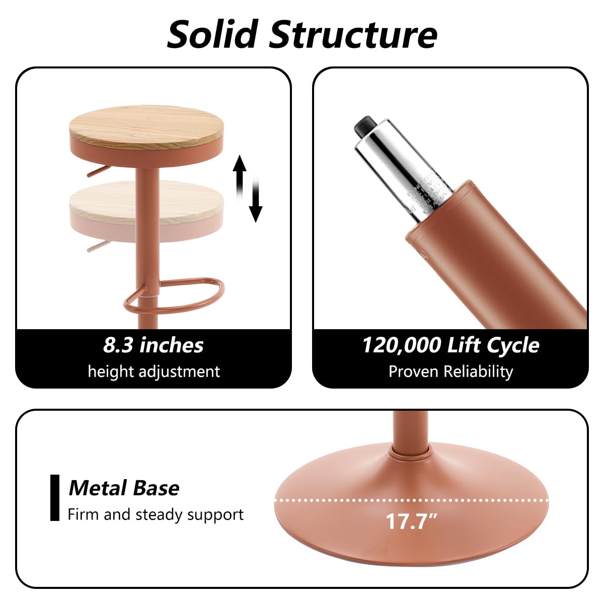 Kidol & Shellder Bar Stools Set of 2 Round Adjustable Swivel Barstools Modern Backless Bar Chairs Wooden Seat Counter Height Stools Armless for Kitchen Island, Cafe, Dining Room Terracotta