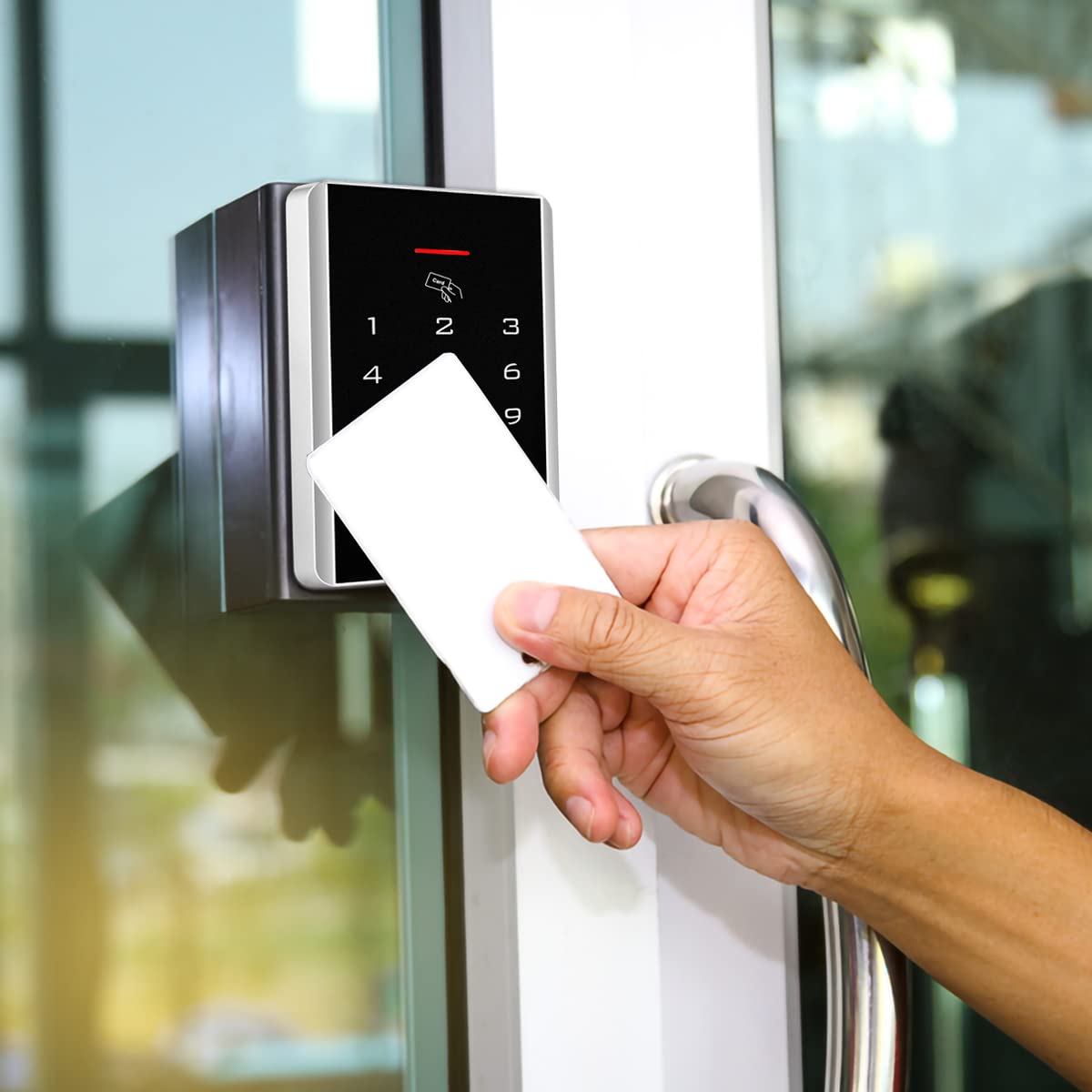 Door Access Control Keypad, 125KHz Proximity ID Card Access Control System, Support 1000 Users Door Access Control, Stand-Alone Keypad + 5PCS Keychains for Entry Access Controller Gate Opener