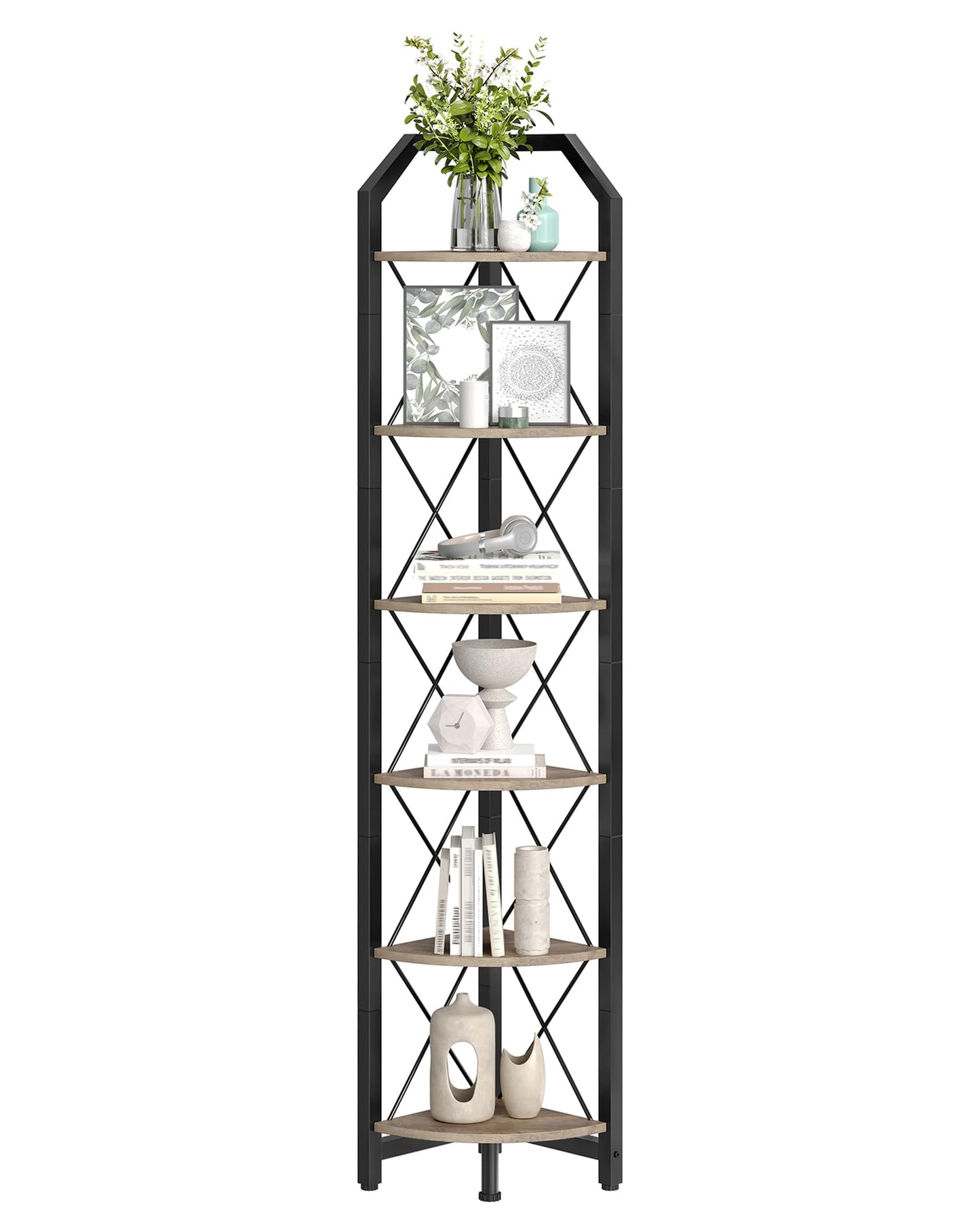 CHOEZON 6-Tier Corner Shelf, Industrial Corner Bookshelf, 71.2" Corner Storage Stand, Plant Stand Display Shelf, Corner Bookcase for Bedroom, Living Room, Home Office, Greige and Black TCJ11BG
