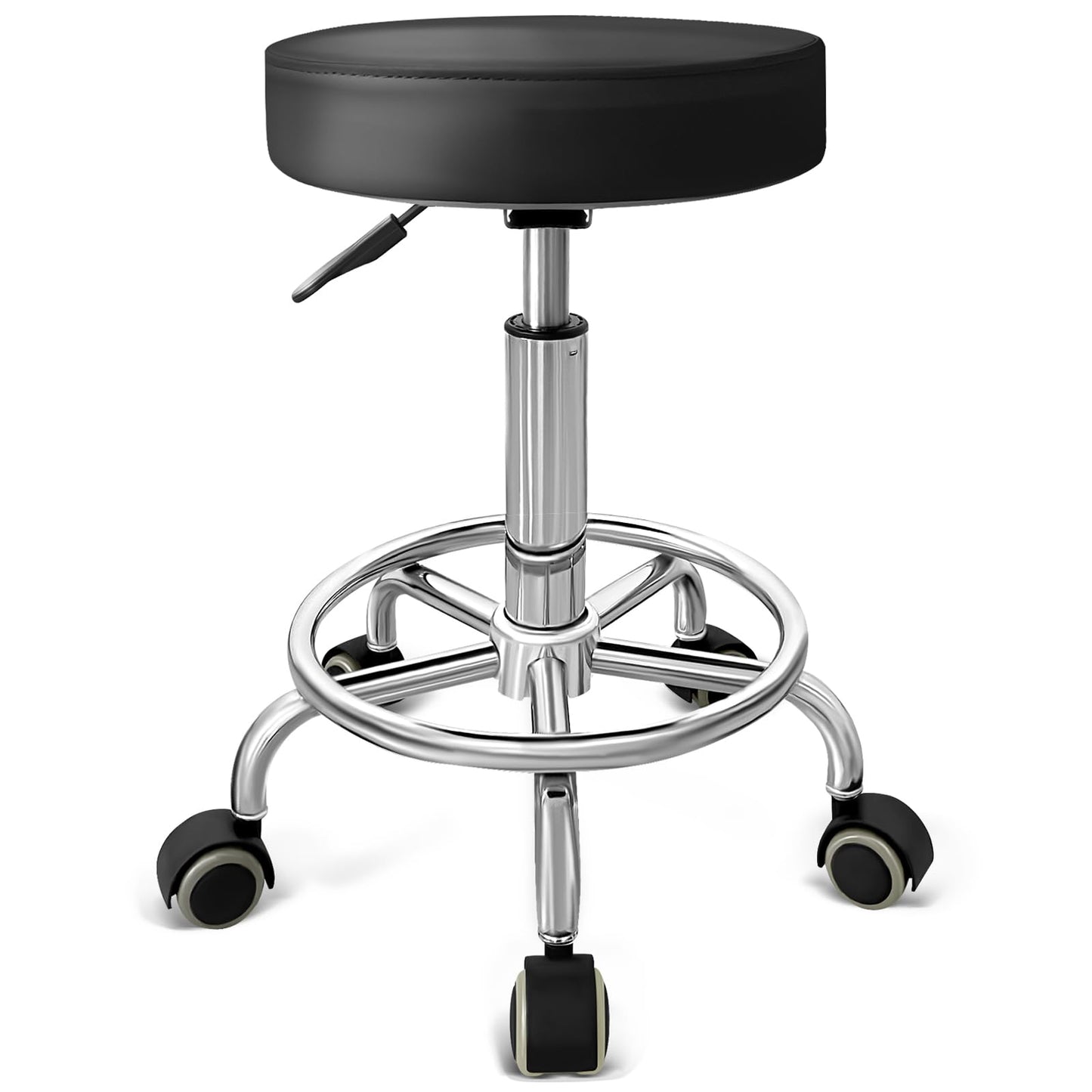 DENGTELI PU Leather Rolling Stool with Foot Rest Round Height Adjustment Swivel Spa Drafting Salon Tattoo Work Office Massage Vanity Stools Task Chair (Black)