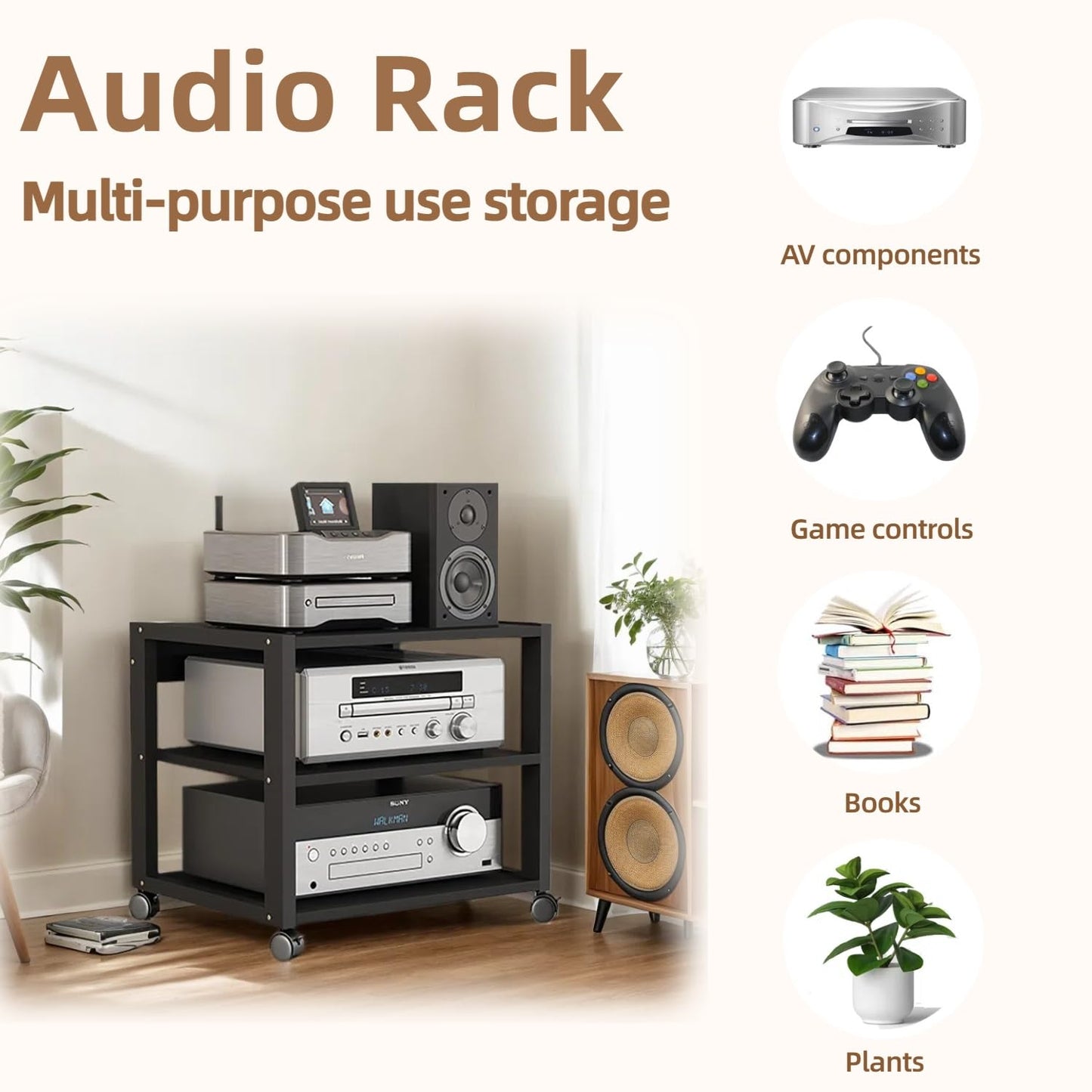 XEOKXOIT 3 Tier AV Media Stand, Audio Rack Tower Stereo Components Cabinet, Home Theatre CD Record Player Stereo Receiver Equipment Rack with Adjustable Wood Shelves, Load 220lbs (Black)