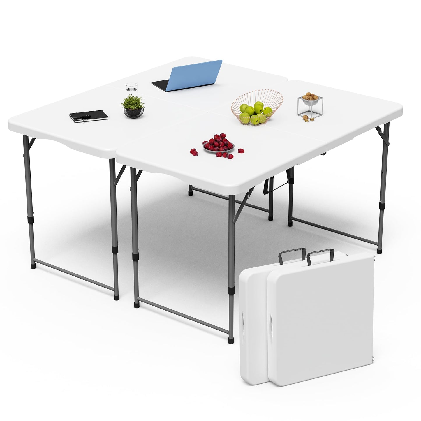 Folding Table 4 Foot for Indoor Outdoor, Portable Heavy Duty Fold-in-Half Utility Small Plastic Adjustable Height Folding with Carrying Handle for Picnic and Party, White (White, 4 FT - 2 PACK)