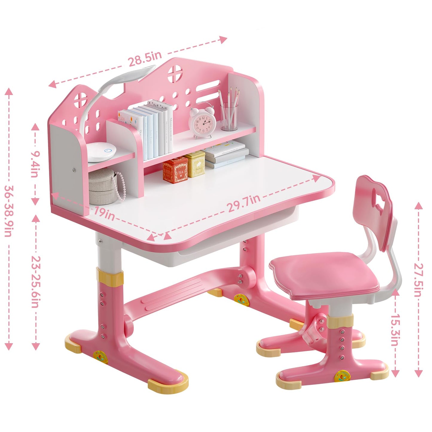 Xaperexi Kids Desk and Chair Set, Height Adjustable Child's School Study Writing Tables, Kids Desk with Bookstand and Storage Drawer, Widened Desktop with Desktop for Boys and Girls