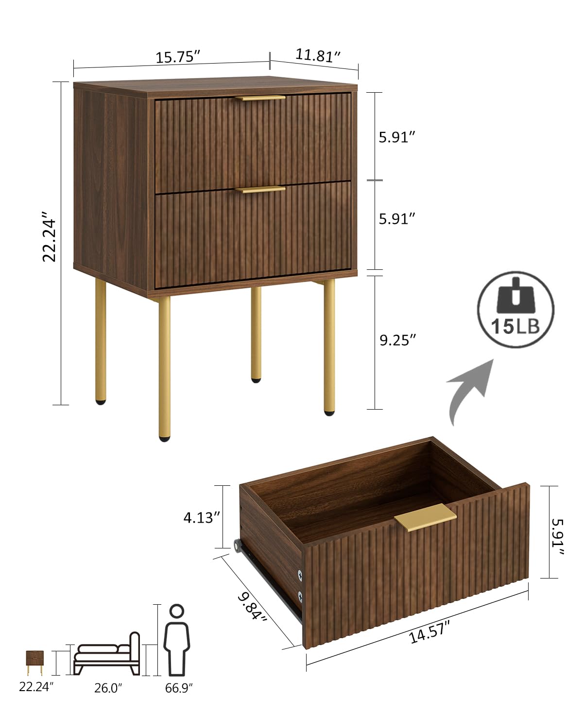 Masupu Night Stand,Mid-Century Modern Bedside Table with 2 Storage Drawer,Small Gold Frame Side End Table for Bedroom,Living Room, Walnut