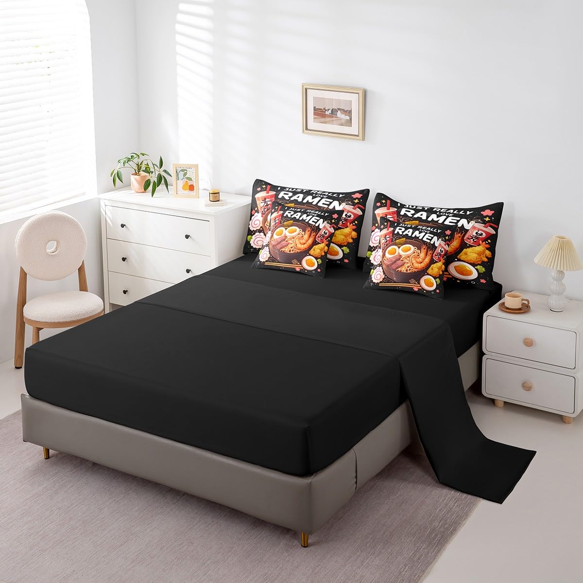 Erosebridal 7 Piece Ramen Noodle Queen Bedding Set,Japanese Style Anime Comforter Set with Sheets,Cherry Blossom Bed Set,Funny Food Themed Bed in a Bag Ramen Gifts for Kids Girls Boys Adults