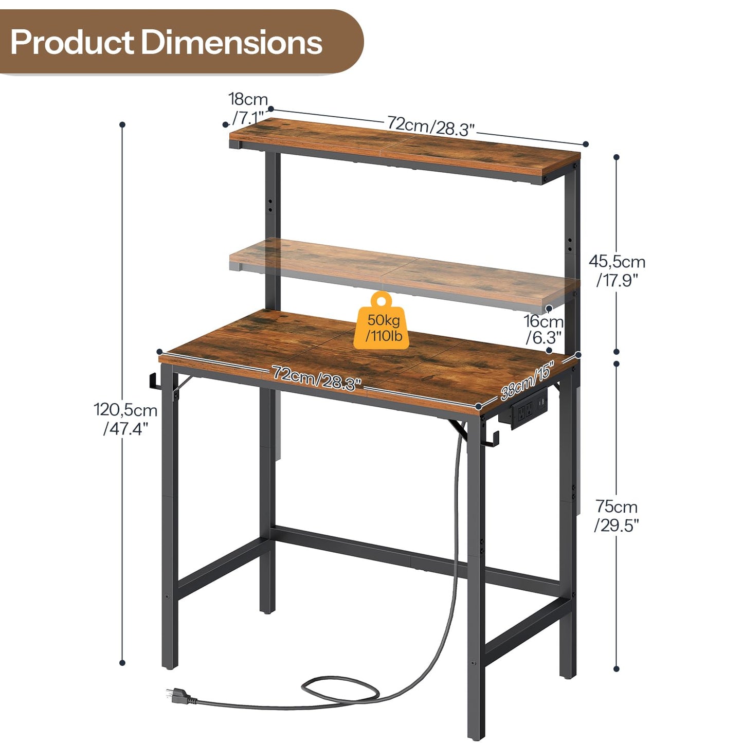 HOOBRO Small Computer Desk, 28.3" Desk for Small Spaces, Office Desk with Power Outlet & Adjustable Monitor Stand, Compact Desk with Storage, Writing Table for Bedroom, Office, Rustic Brown BF38UDN01