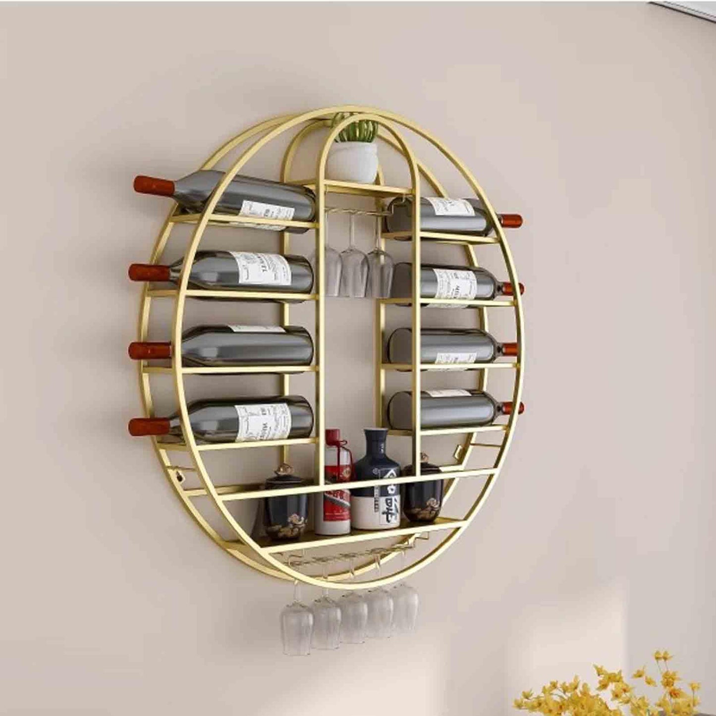 Wall-Mounted Hanging Wine Rack, Iron Bottle Shelf & Glass Stemware Organizer, Stylish Home & Bar Display, 60x11x60cm, Gold Liquor Storage for Kitchen & Cafe