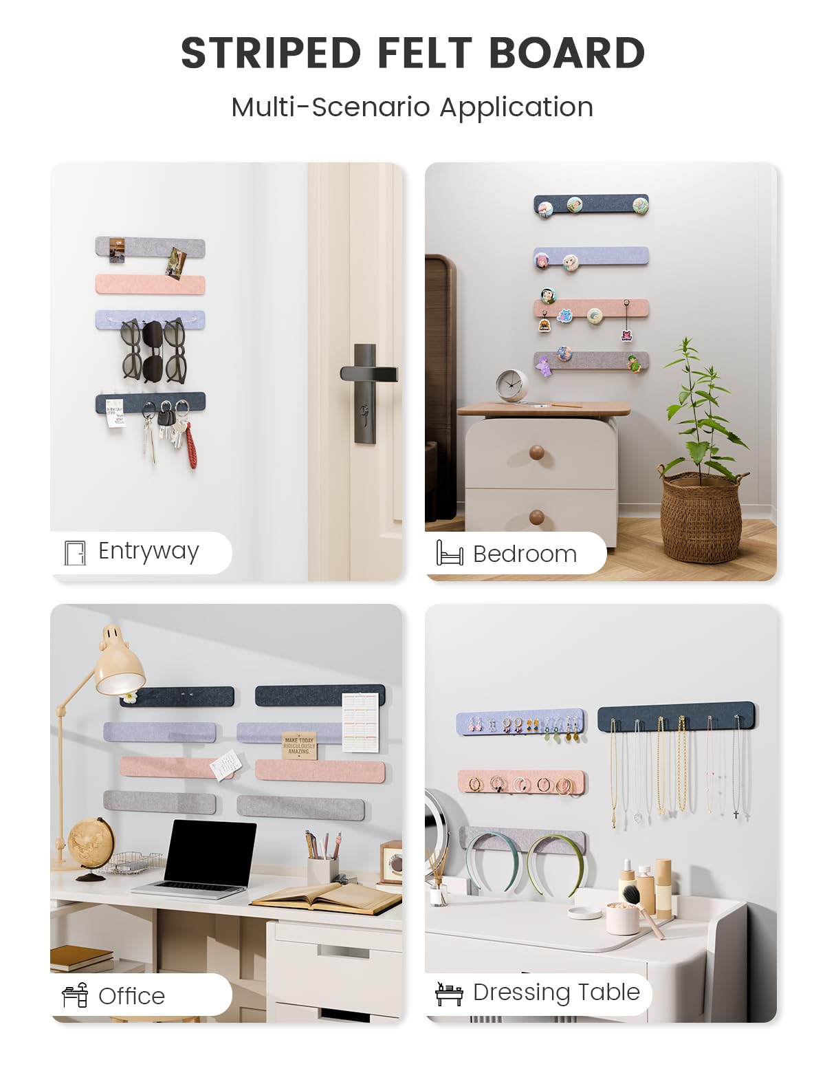Fluxynara Cork Board Alternative Felt Strip Board 8-Pack 13"x2", Office Pin Board with 50 Push Pins, Adhesive Install for Bedroom Door & Home Office (Heather Grey)