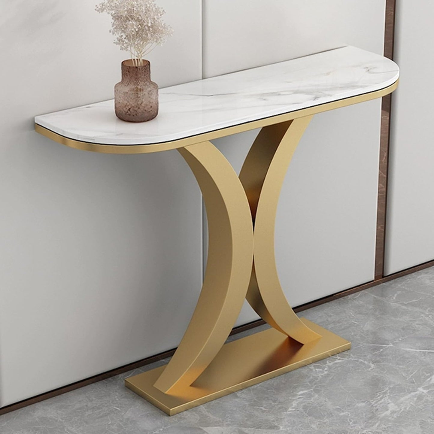 Narrow Console Table, Modern Sofa Table with Marble Tabletop, Entryway Table with Arc Base, Metal Foyer Couch Table, Accent Table for Entry Way, Office, Living Room(Gold,39in/100cm)