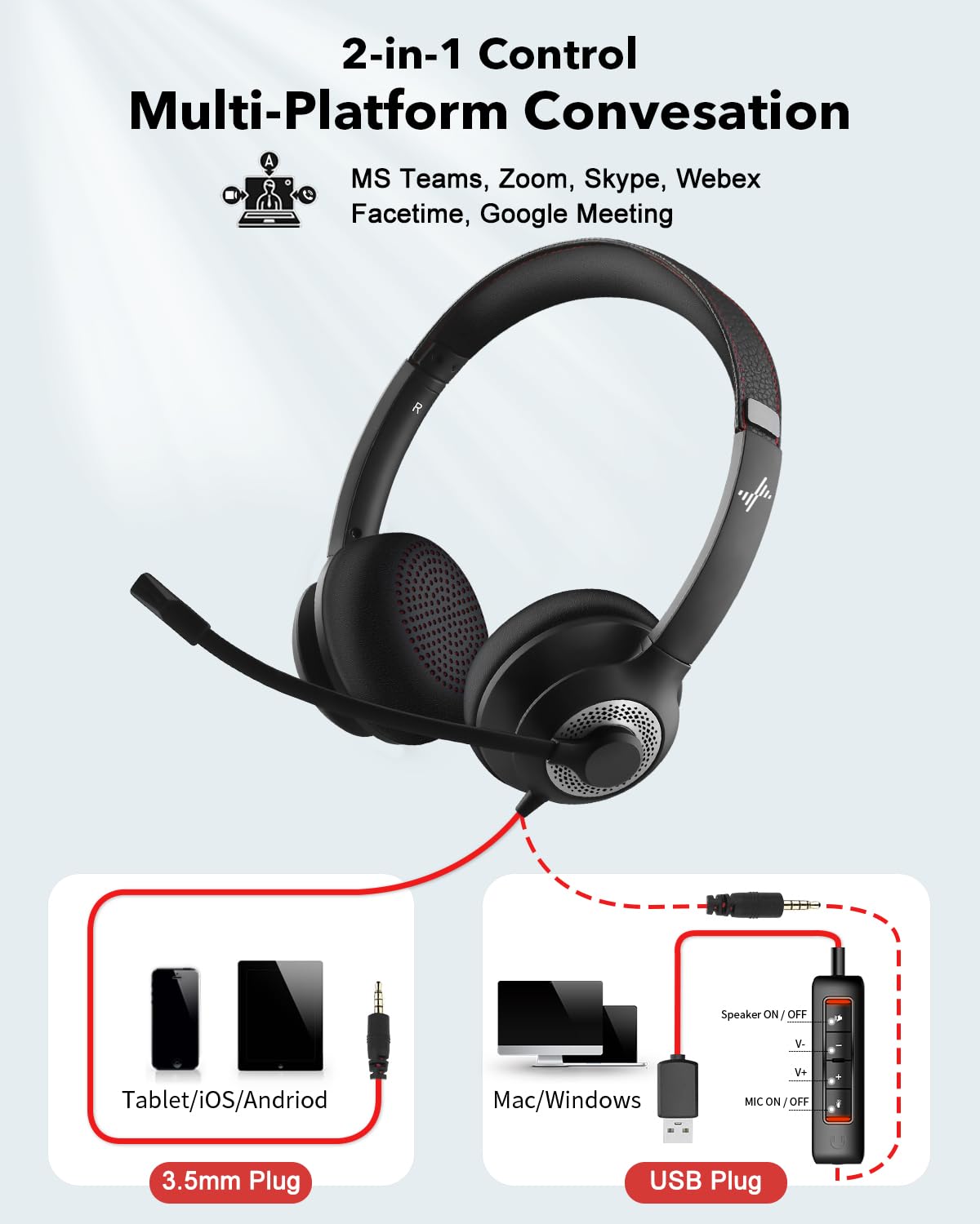 JIAMQISHI USB Headset with Microphone for PC, On-Ear Computer Laptop Headphones with Noise Cancelling Microphone in-line Control for Home Office Online Class Skype Zoom (USB+3.5mm, Black)