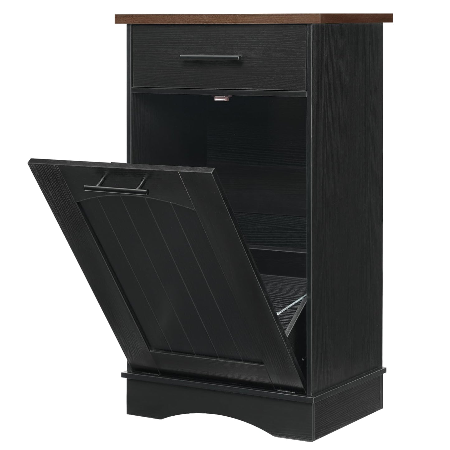 HOOBRO 10 Gallon Tilt Out Trash Cabinet, Kitchen Trash Can, Trash Bin Storage, with Flip Door and Large Drawer, Hidden Laundry Hamper Cabinet, for Kitchen, Laundry, Black and Walnut BH02LJ01