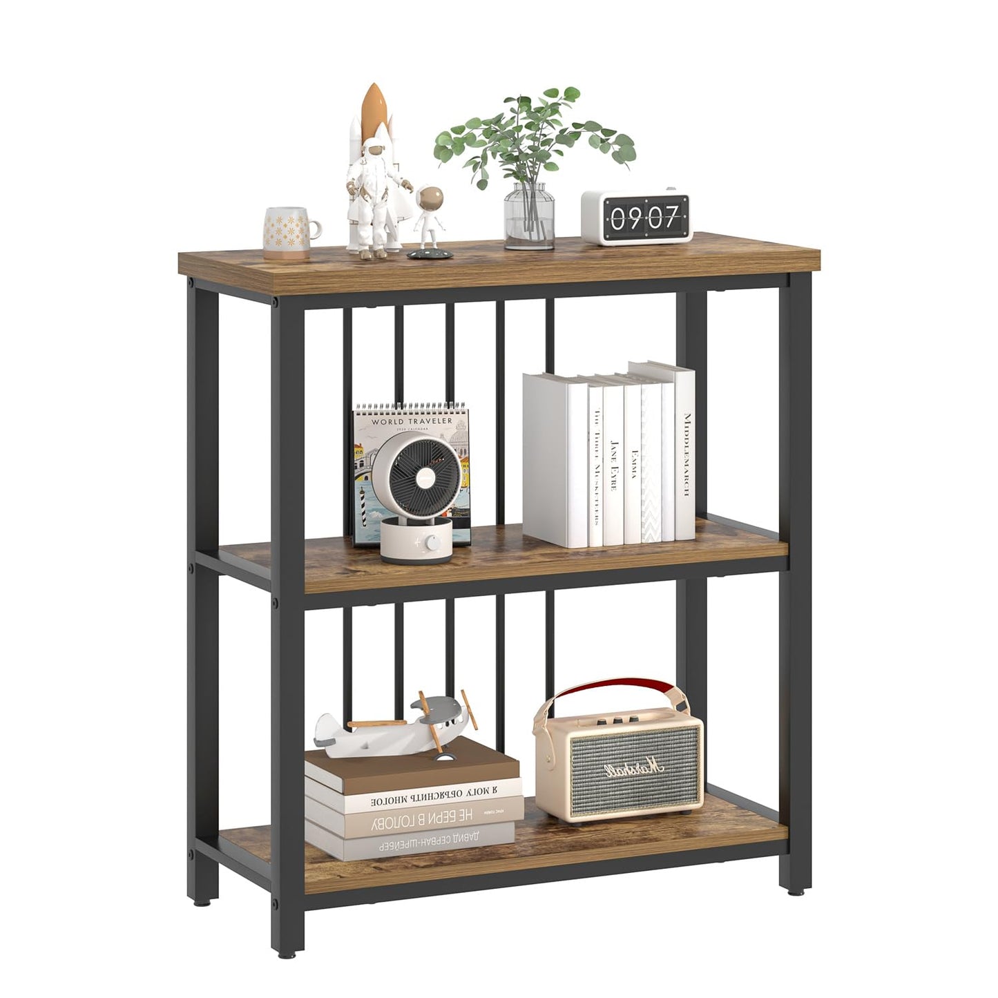 FOLUBAN 3 Tier Bookshelf, Industrial Wood and Metal Bookcase, Small Book Shelf for Home Office Bedroom Living Room, Rustic Brown