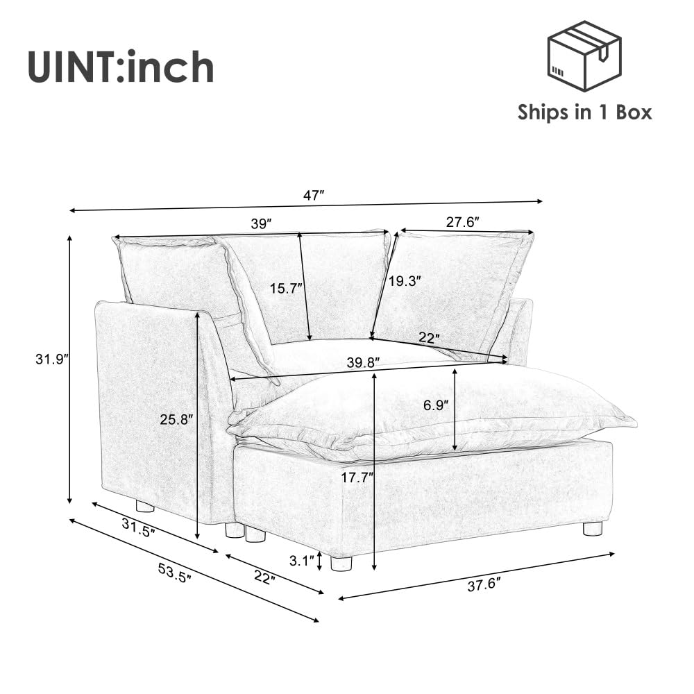 Asmeten Modern Armchair Sofa 47" Cozy Upholstered Sofa Chair with Movable Ottoman, Wide Seat, Curved Armrests and Soft Pillows for Living Room, Bedroom,Green (Black + Chenille + Foam + 2 Seat)
