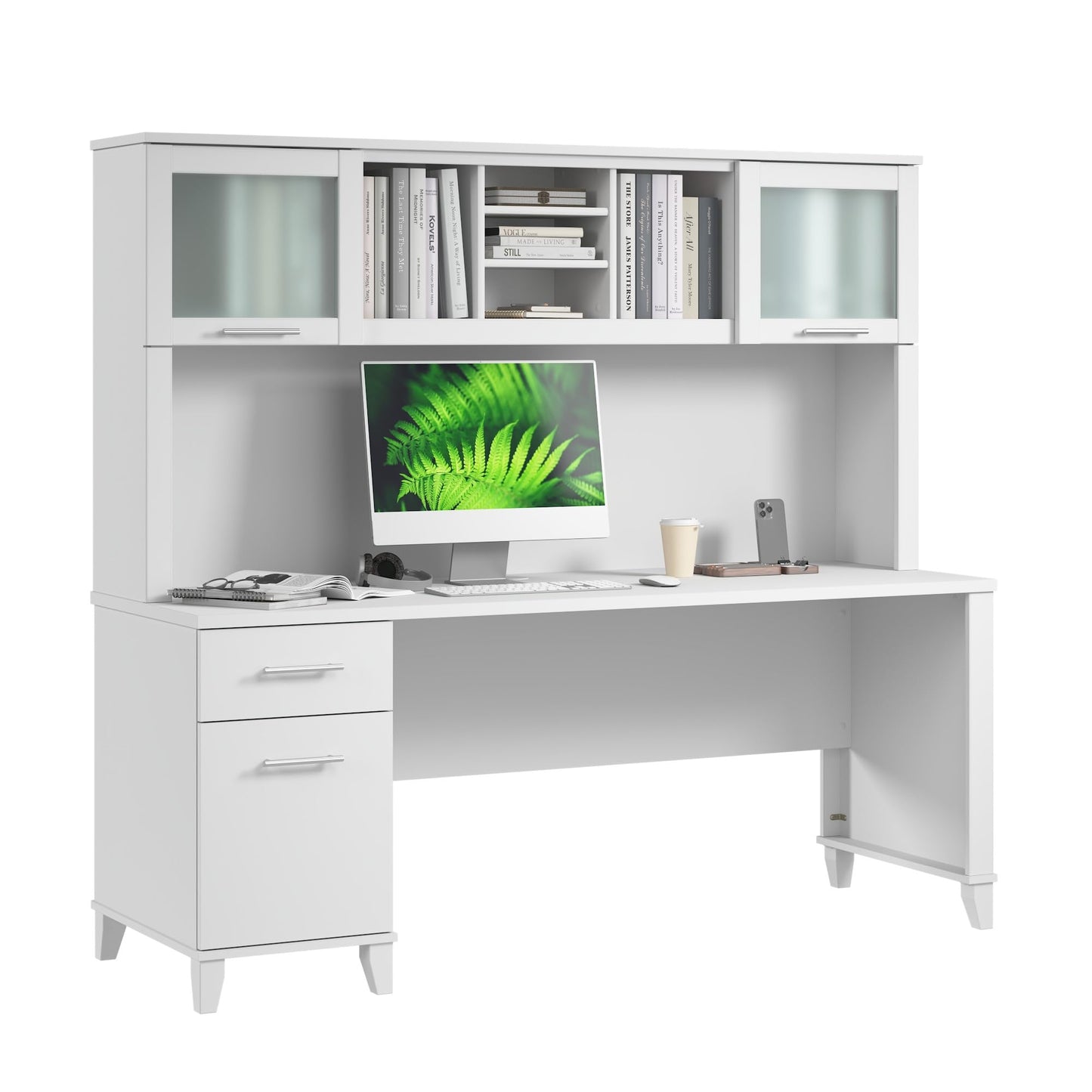 Bush Home 72-Inch Office Desk with Drawers and Hutch, Computer Desk with File and Box Drawers, Shelves and Storage Cabinet, Home Office Workstation, Somerset Collection, White