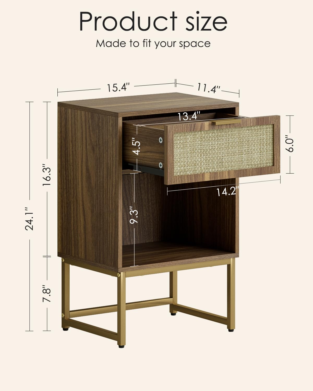 Masupu Rattan Nightstand,Modern Night Stand Boho Farmhouse Wood Bedside Table with Storage Drawer Side End Table for Bedroom, Office,Walnut Brown