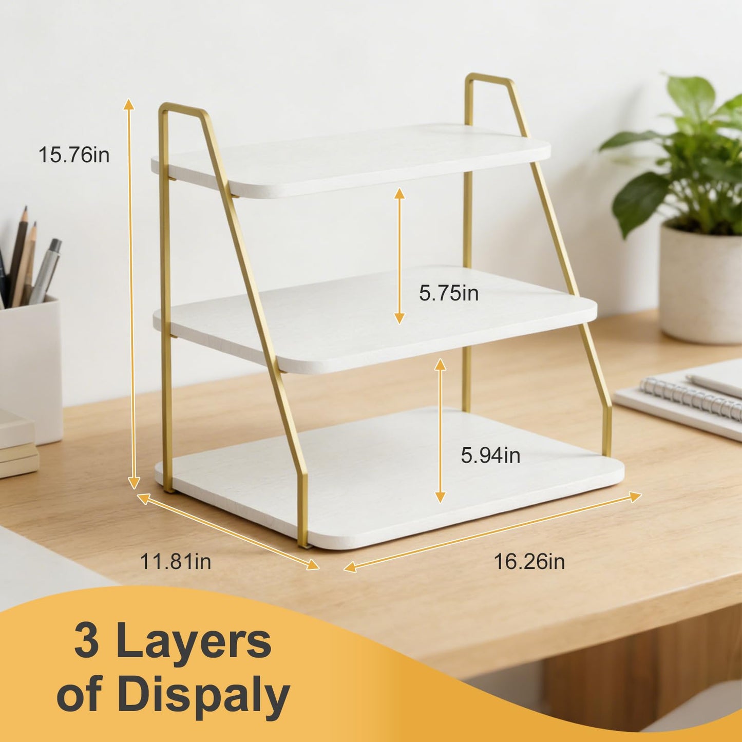 VyGrow three-layer Wooden Display Stand, Perfume Storage Rack, Party Display table, Figure and Collectibles Display Stand, Decorative and Storage Shelf (White and Gold)