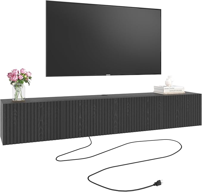 71” Floating TV Stand with LED Lights & Charging Station, Floating Media