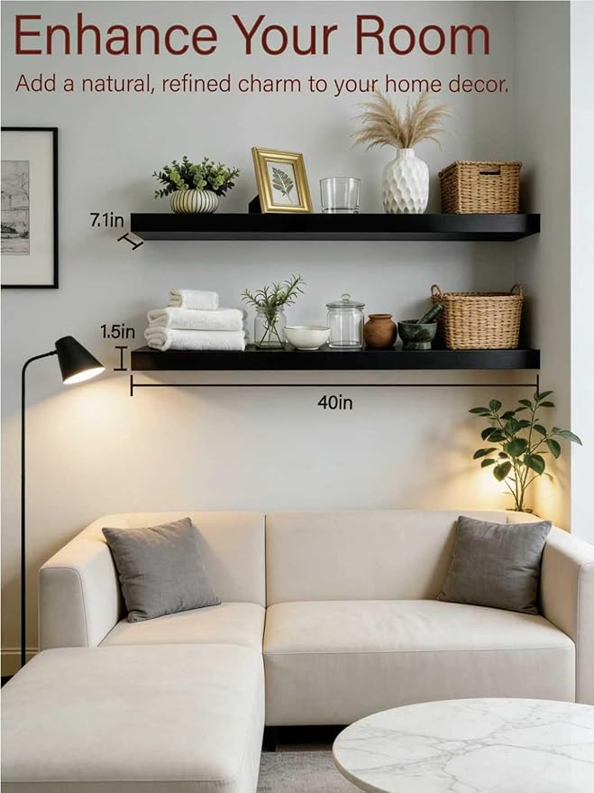 Solid Wood Floating Shelves, 40in Finished Real Wood Wall Shelves