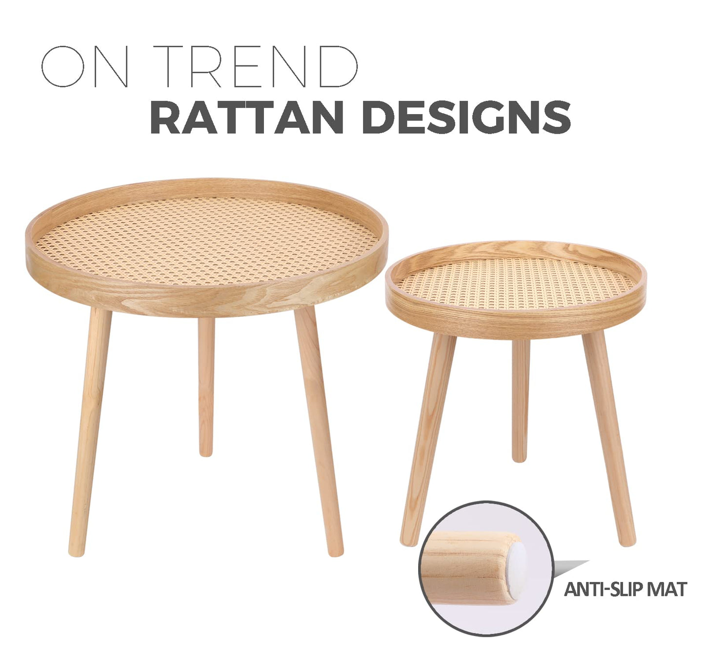Round Coffee Table Set of 2, Natural Boho Coffee Tables, Small Mid Century Modern Rattan Coffee Table, Boho Side Table End Tables for Living Room Bedroom Office