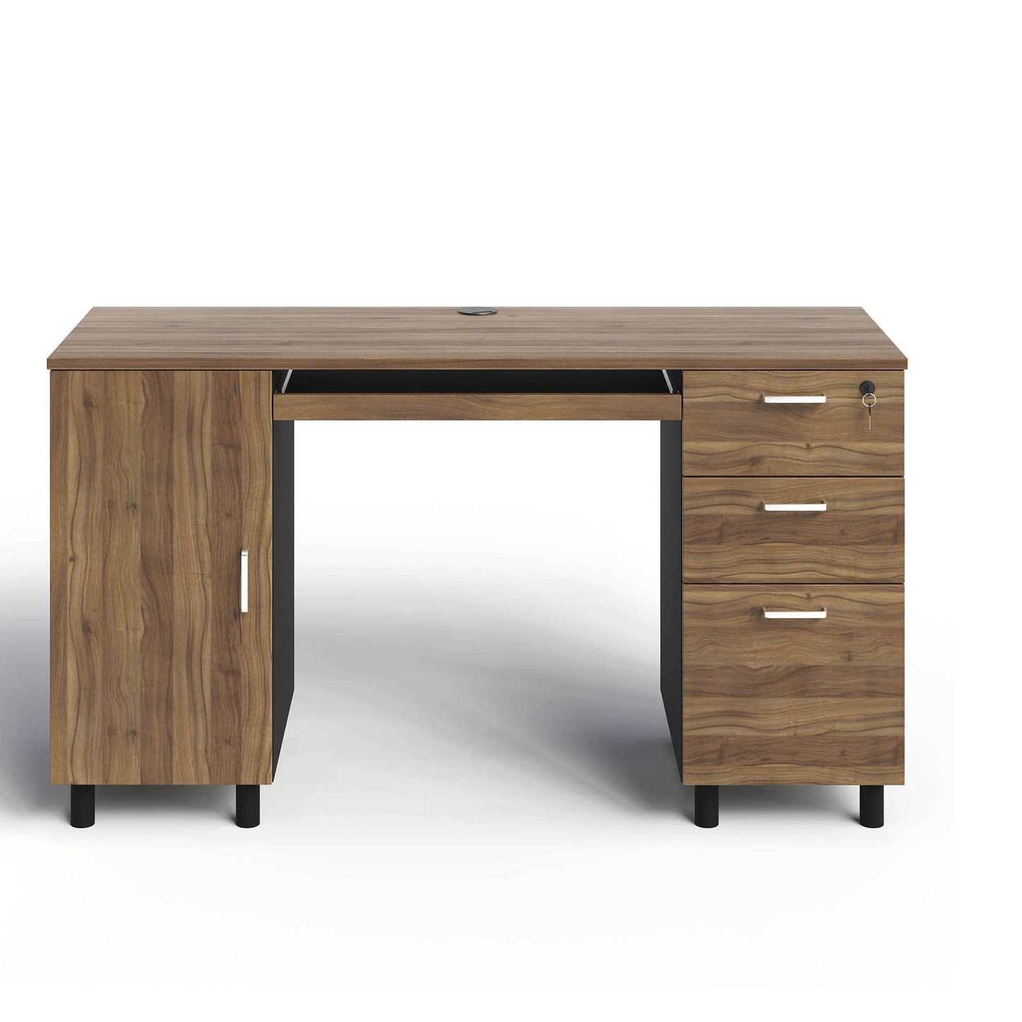 Modern Design Venice Computer Desk with Lockable Drawers, 53 Inch Home Office Desk with Storage Cabinet, Keyboard Tray & Cable Management, Modern Study Writing Desk for Small Spaces, Walnut and Black