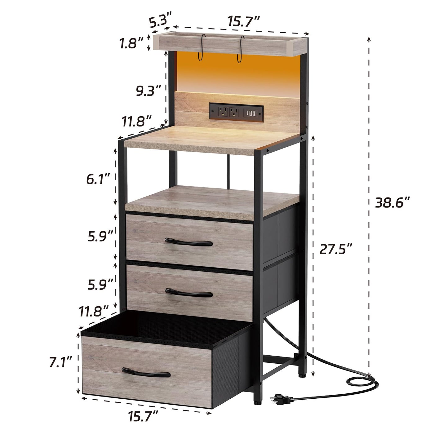 SZLHANJZ Night Stand with Charger Station, 3 Drawers Nightstand with Storage and LED Lights, Shelves, and Hooks, Bed Side End Table for Bedroom Dorm, Greige