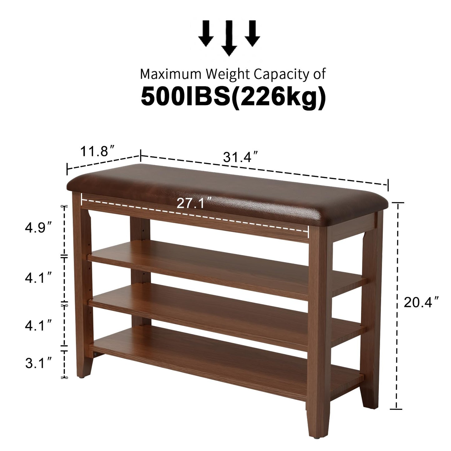 AQIMUELE Shoe Bench with Leather Cushion, 3 Tiers Shoe Storage Bench Height Adjustable, Walnut Wood Entryway Bench for Hallway, Mudroom
