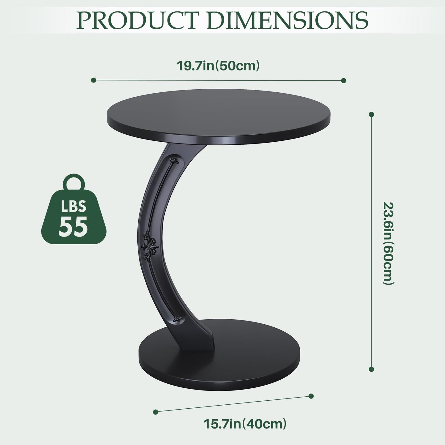 MYOTA C-Shaped End Table for Couch - Round Small C Side Table, Handmade Solid Wood Sofa Couch Tables that Slide Under Bedside, Saving Space Wooden Tray for Living Room, Bedroom, Small Space (Black)