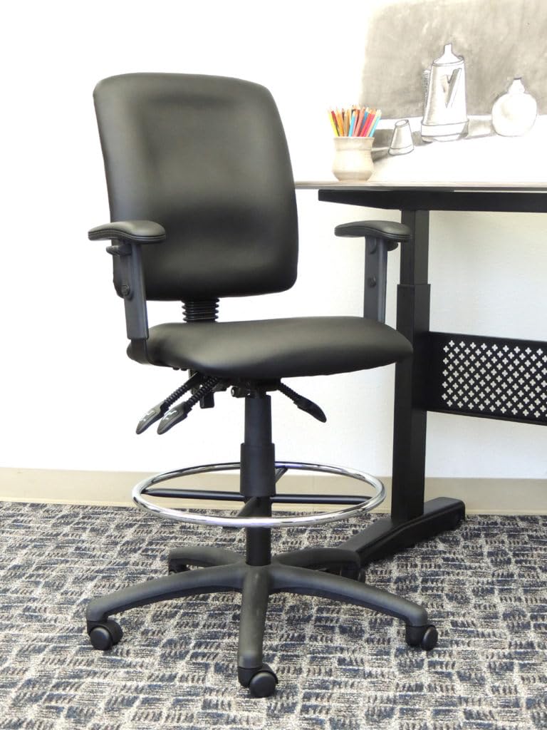 BOSS Office Products B1646 Multi-Function LeatherPlus Drafting Stool with Adjustable Arms, Black