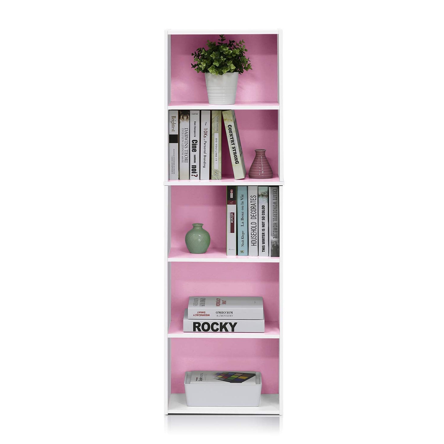 Furinno LUDER Book Shelf, 5-Tier Bookshelf, Bookcase with Open Shelves, 9.4 x 15.8 x 52, Easy Assembly, for Living Room, Bedroom, Home Office, White/Pink