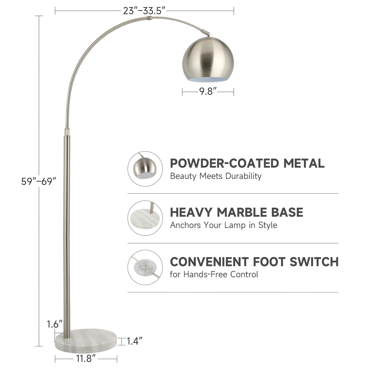 CO-Z Modern Floor Lamp for Living Room, Brushed Nickel Arc Floor Lamp with LED Bulb, Marble Base Contemporary Tall Lamp for Living Room Couch Sofa, Height Up to 69 Inch