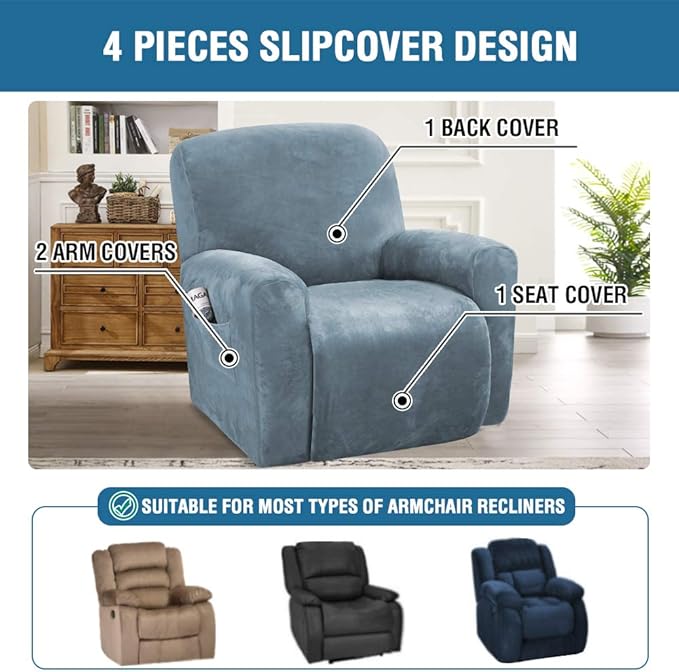 H.VERSAILTEX Velvet Stretch Recliner Couch Covers 4-Pieces Style Recliner Chair