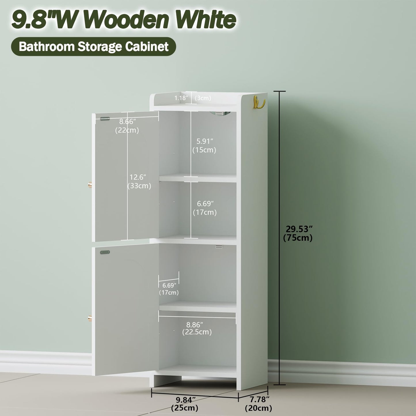 Arbuxzuy Small Bathroom Storage Cabinet,Corner Floor Cabinet with 2 Doors and Adjustable Shelf, Narrow Toilet Paper Cabinets with 2Hooks,Toilet Organizer for Small Spaces，7.87"D*9.84"W*29.72"H(White)