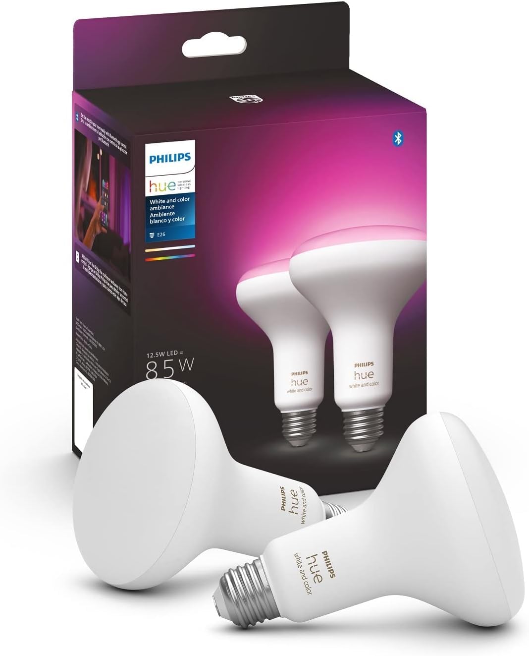 Philips Hue BR30 LED Smart Light Bulbs 2-Pack, Flicker-Free 85W Light Bulbs, Bluetooth Compatible, Compatible with Alexa, Google Assistant, and Apple HomeKit, E26 Base