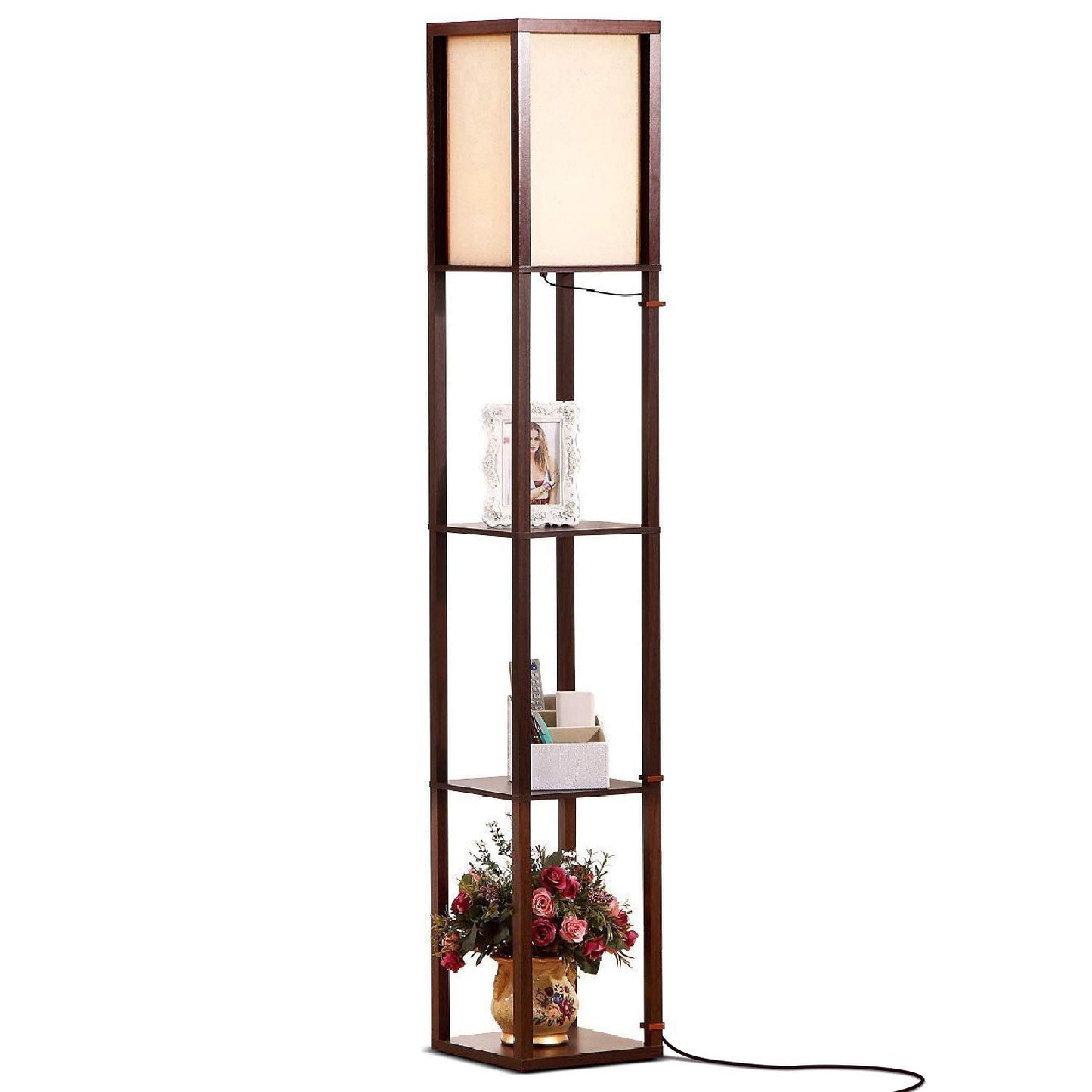 Brightech Maxwell - Modern Shelf Floor Lamp with Lamp Shade & Warm White LED Bulb, Corner Display Floor Lamp with Shelves for Living Room, Bedroom, Nightstand Office, Home Decor Storage - Havana Brown