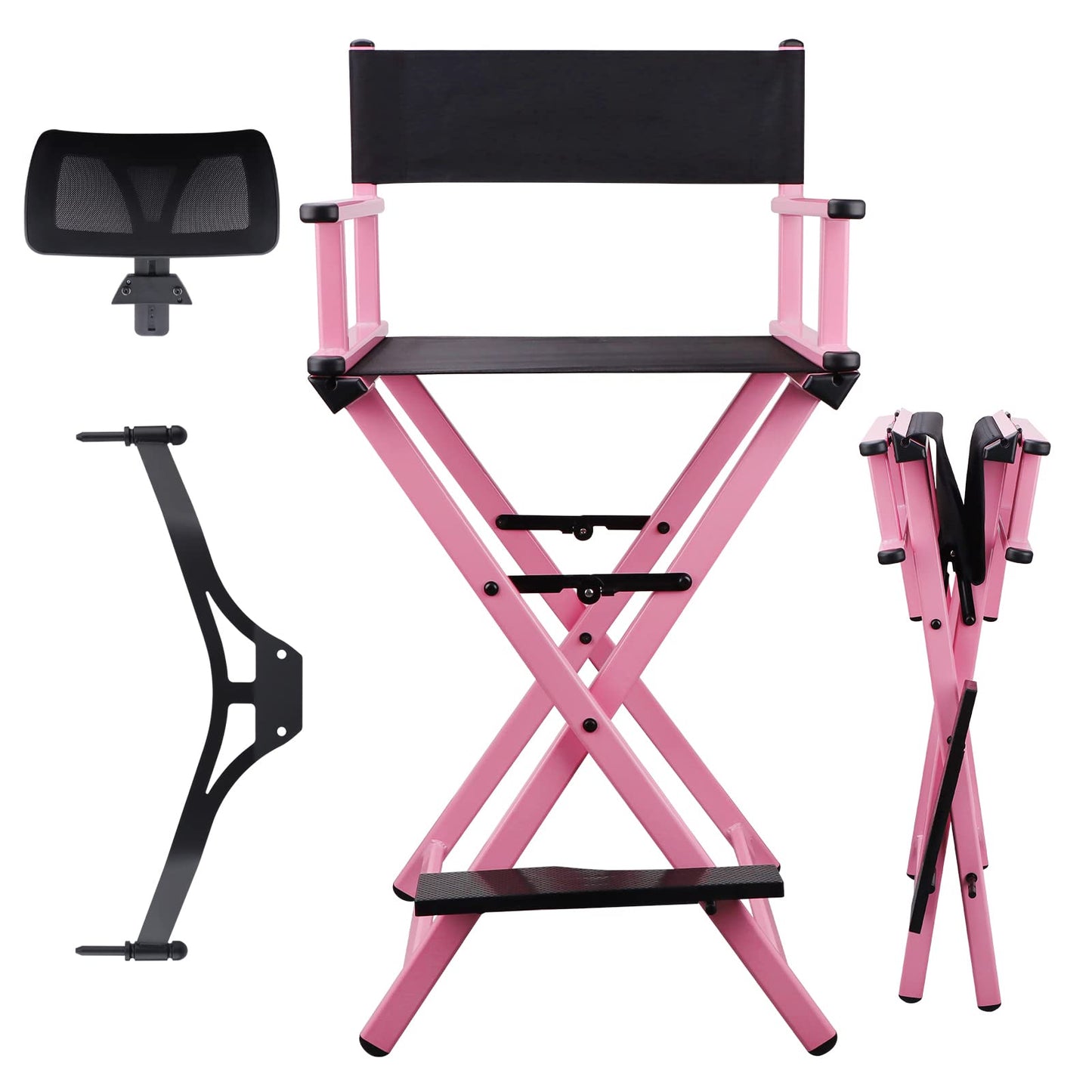 Lorvain Pink Foldable Makeup Artist Stool Chair, Aluminum Makeup Chair with Head Rest for Studio Salon Vanity, Bar Height