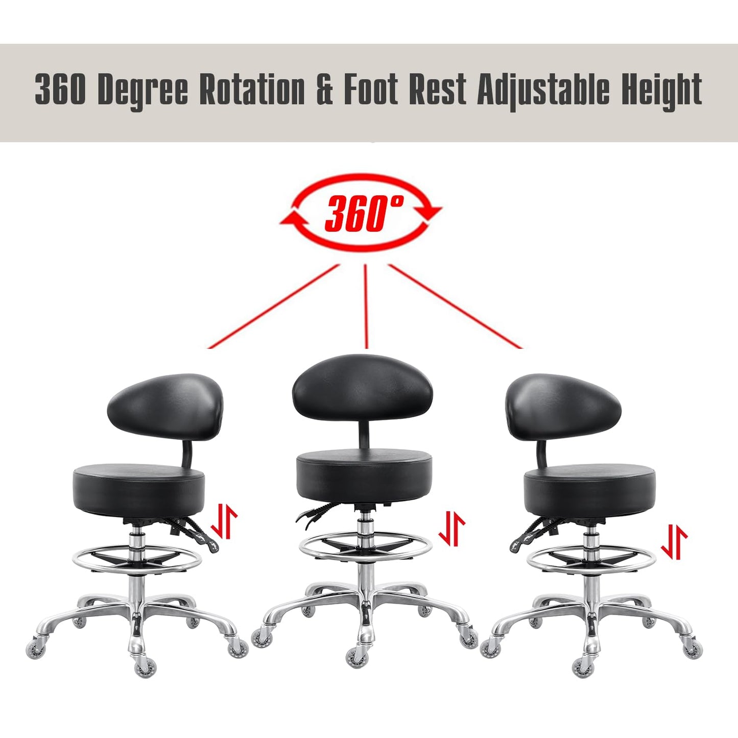 Grace&Grace Drafting Chair Big Cushion Rolling Stool with Back, Tall Shop Stool Rolling Chair with Footrest for Studio, Workshop, Classroom, Lab, Counter, Home Office (Black)