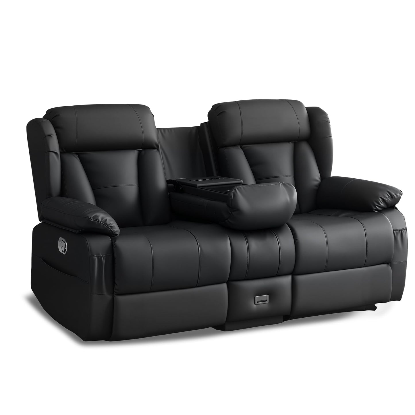 AHMED Reclining Loveseat with Console, Manual Double Recliner Sofa with USB Ports, Cup Holders and Side Pockets, Faux Leather Home Theater Seating Couch for Living Room, Black