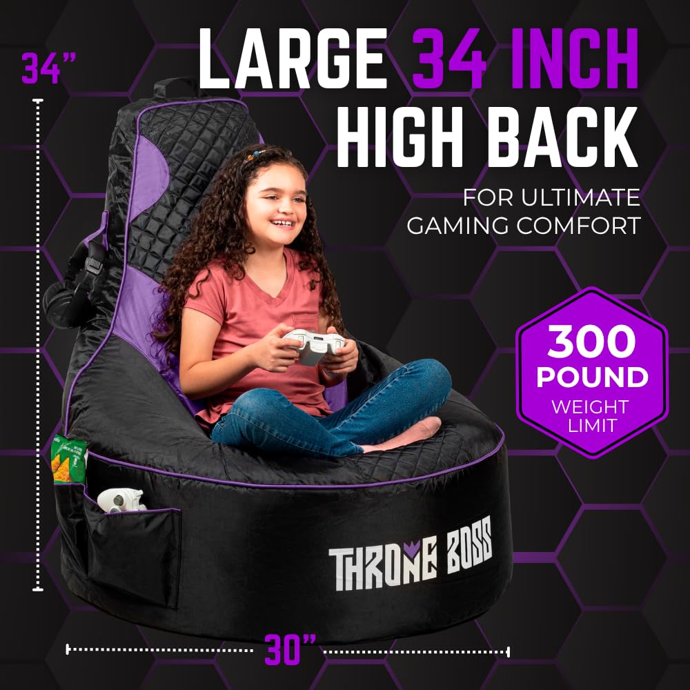 Throne Boss Gaming Bean Bag Chair Cover for Kids with High Back, Purple –Gamer chair for kids with 2 x Large Side Pockets, Headphone Hanger, Easy to Clean Fabric, requires 200 Liters Polystyrene Beans