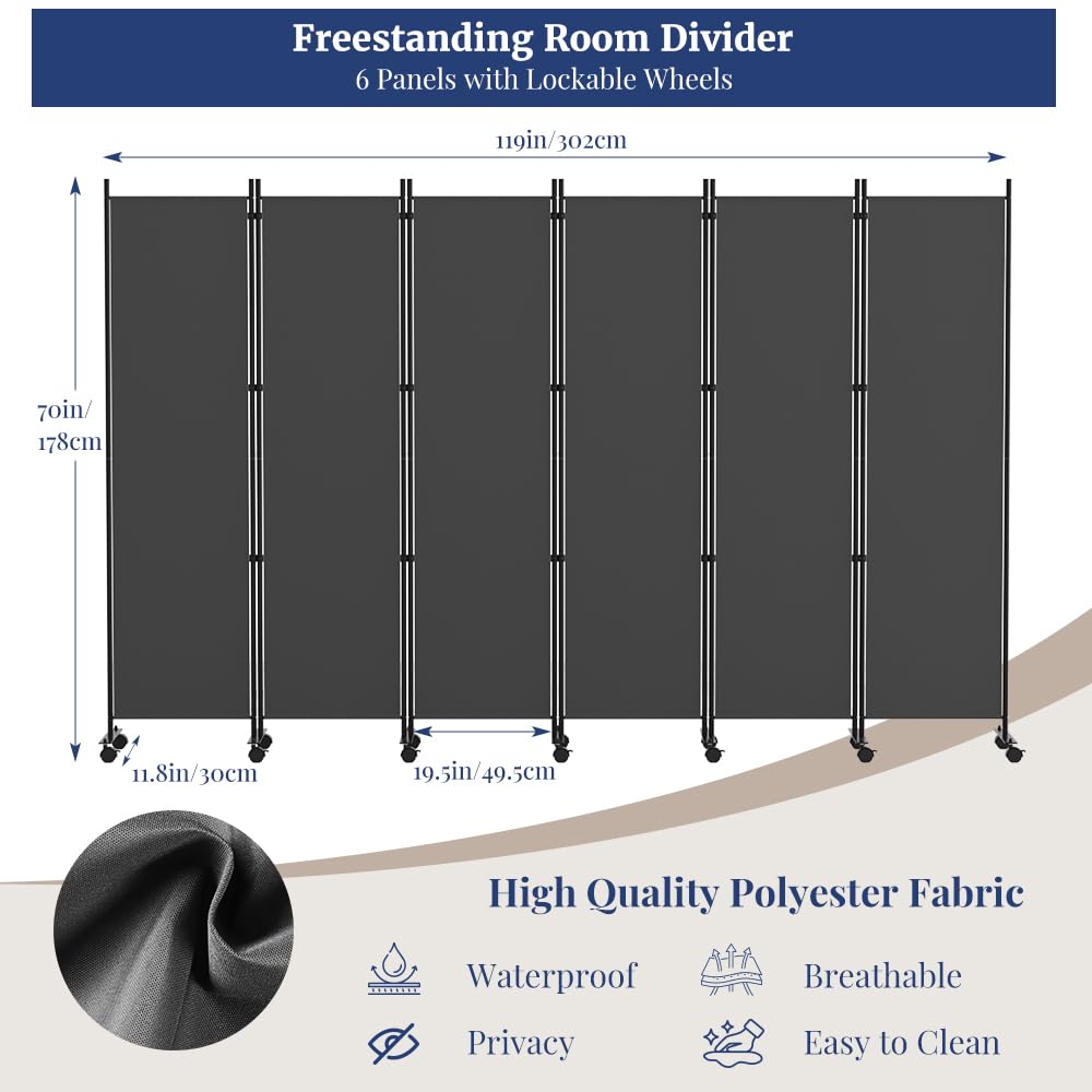 Kokorona 6 Panel Room Divider, 6FT Tall Rolling Privacy Screen with Lockable Wheels, Folding Wall Dividers Portable Room Divider for Room Separation, Included - Cover Strips, Grey, 119''W x 70''H