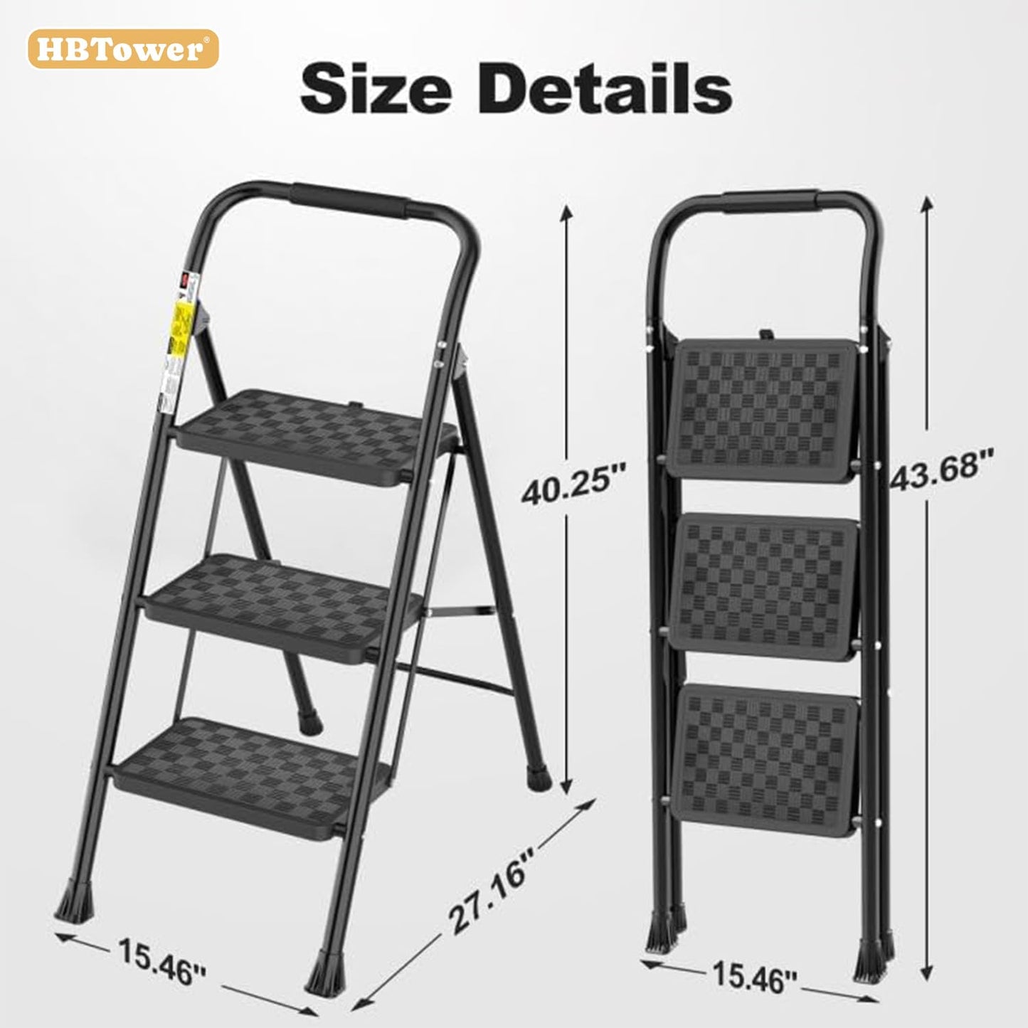 HBTower 3 Step Ladder, Step Stool Foldable for Adults with Wide Anti-Slip Pedal, Lightweight 3 Step Ladders for Home, Black