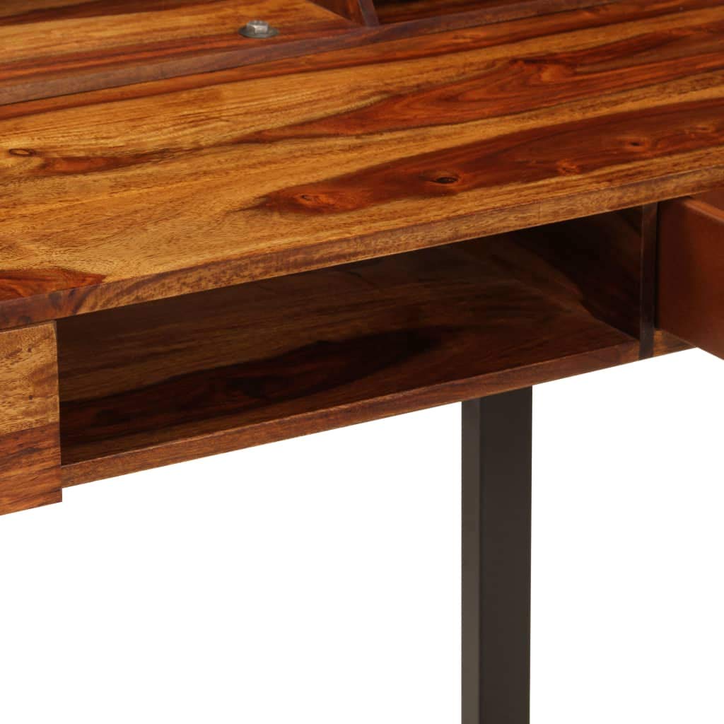 KHNLGFR Solid Acacia Wood Desk with 2 Drawers, Bookshelves and Keyboard Shelf, 43.3"x19.7"x37" Writing Computer Desk with Steel Legs for Home Office