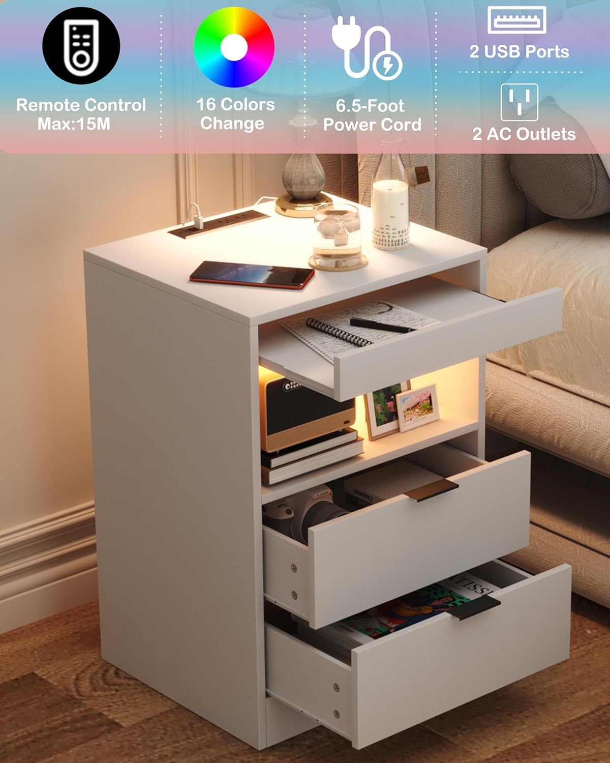 Yusong Night Stand, Bedside Table, LED Nightstand with Charging Station, Modern Night Stand, Wood Sofa Couch End Side Table with 2 Pull-Out Shelf (White 001)