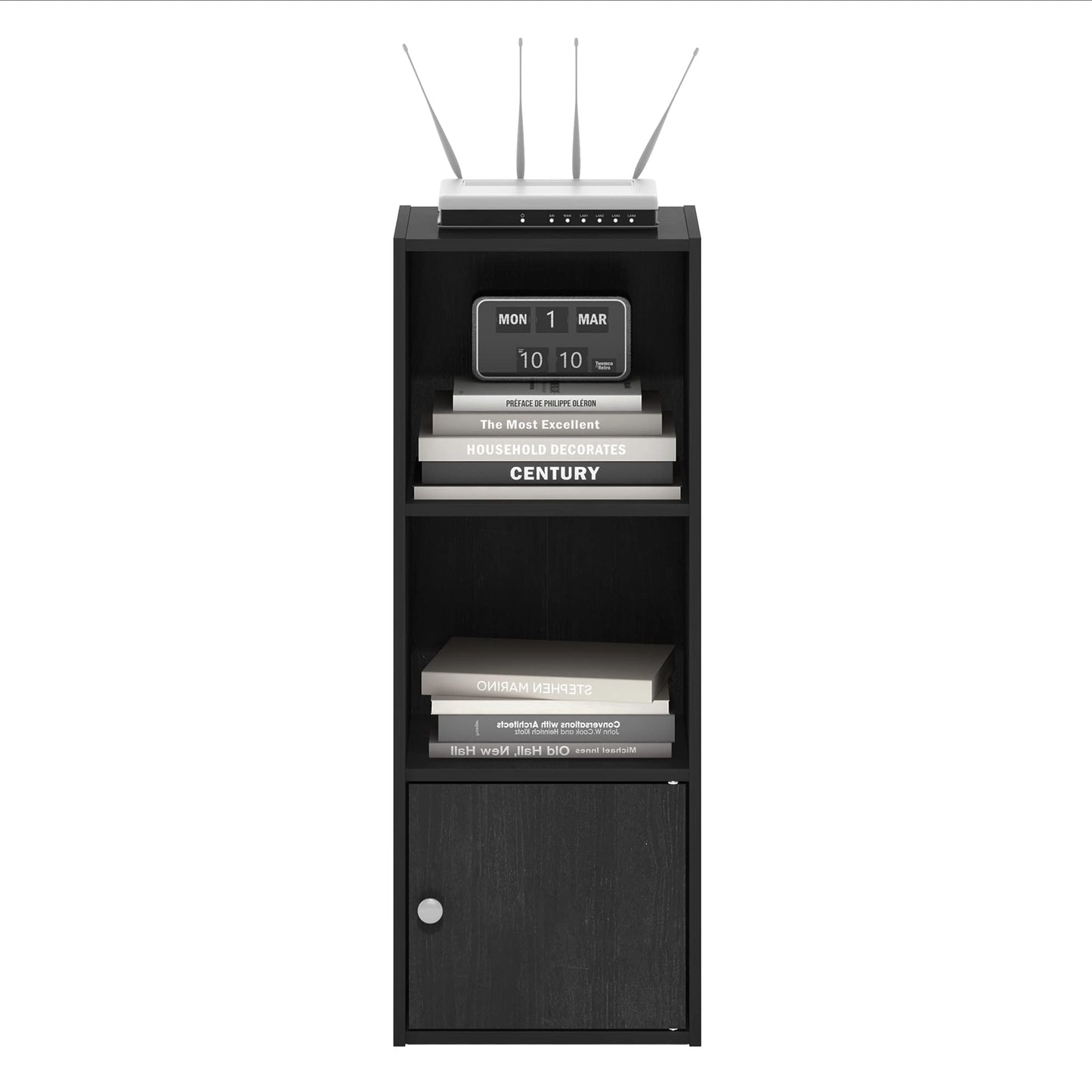 Furinno LUDER Book Shelf, 3-Tier Modern Bookshelf, Bookcase with 1 Door Storage Cabinet, 9.3 x 12 x 31.5, for Organization and Storage, for Living Room, Bedroom, Home Office, Blackwood