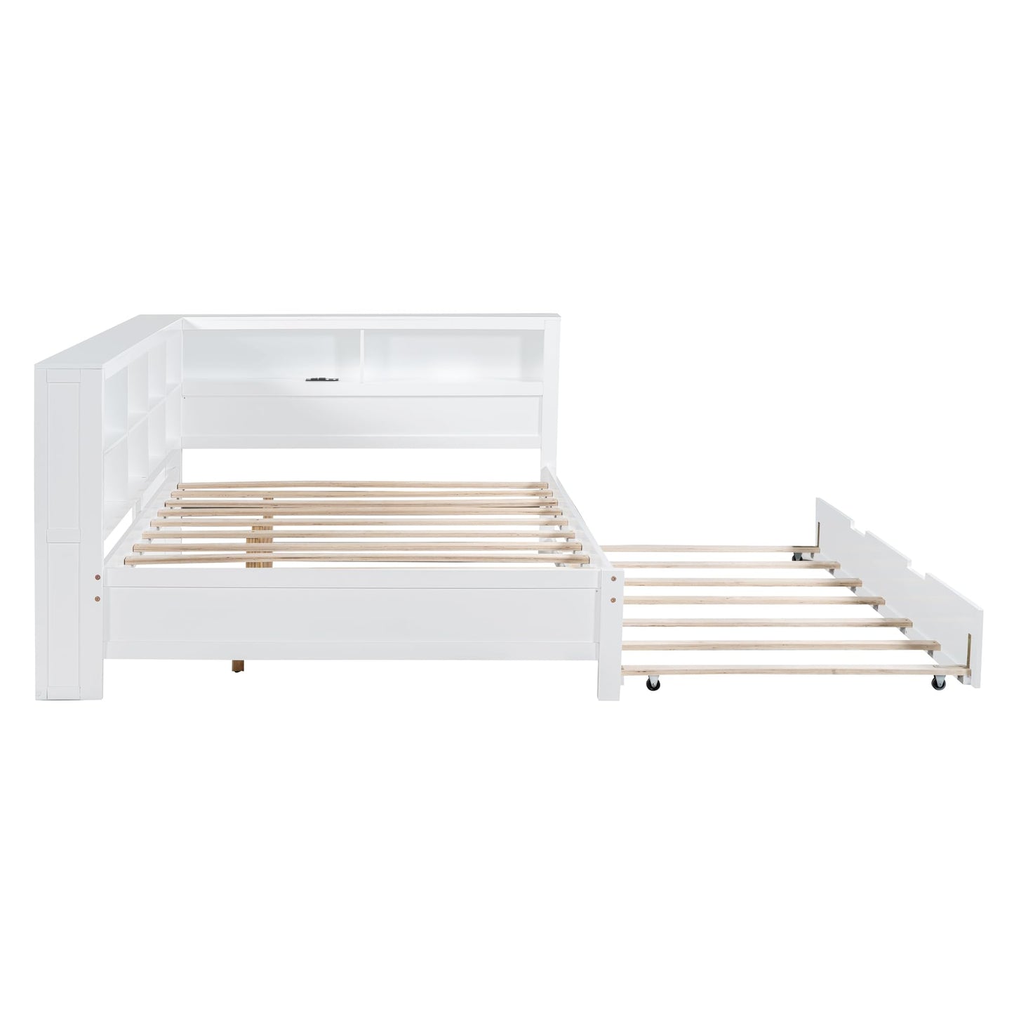 Ball & Cast Full Size Daybed W/Twin Size Trundle,Day Bed with Pop Up Trundle Bed W/USB Charging Ports,Wooden Sofa Bed W/Storage Shelf,No Box Spring Needed,for Bedroom,Guest Room,White