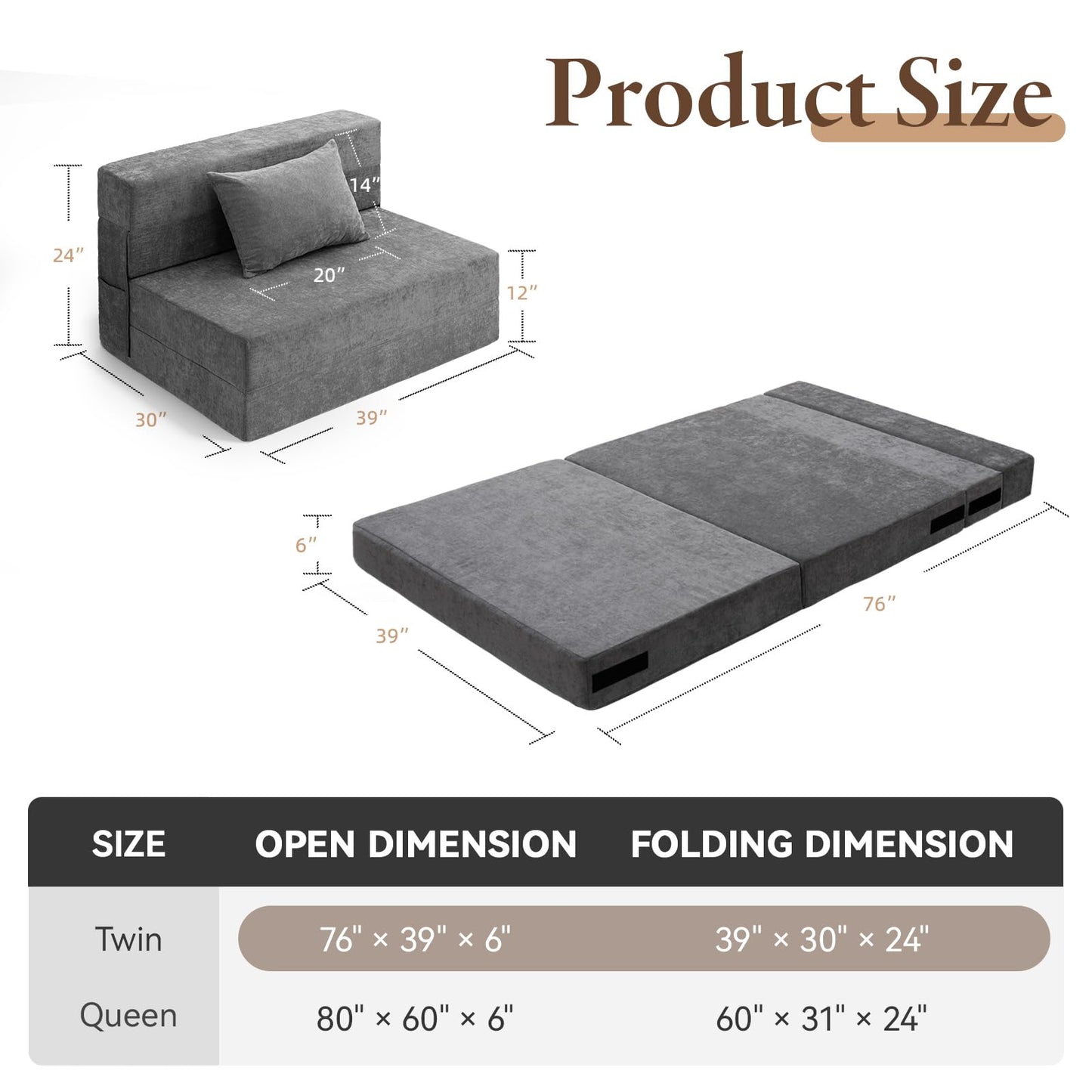 HOMFINE Folding Sofa Bed - Convertible Sleeper Chair with Pillow, Fold Out Couch, Memory Foam Floor Mattress, Futon Couch, Lazy Sofa for Living Room/Dorm/Guest Room/Home Office, Twin, Grey