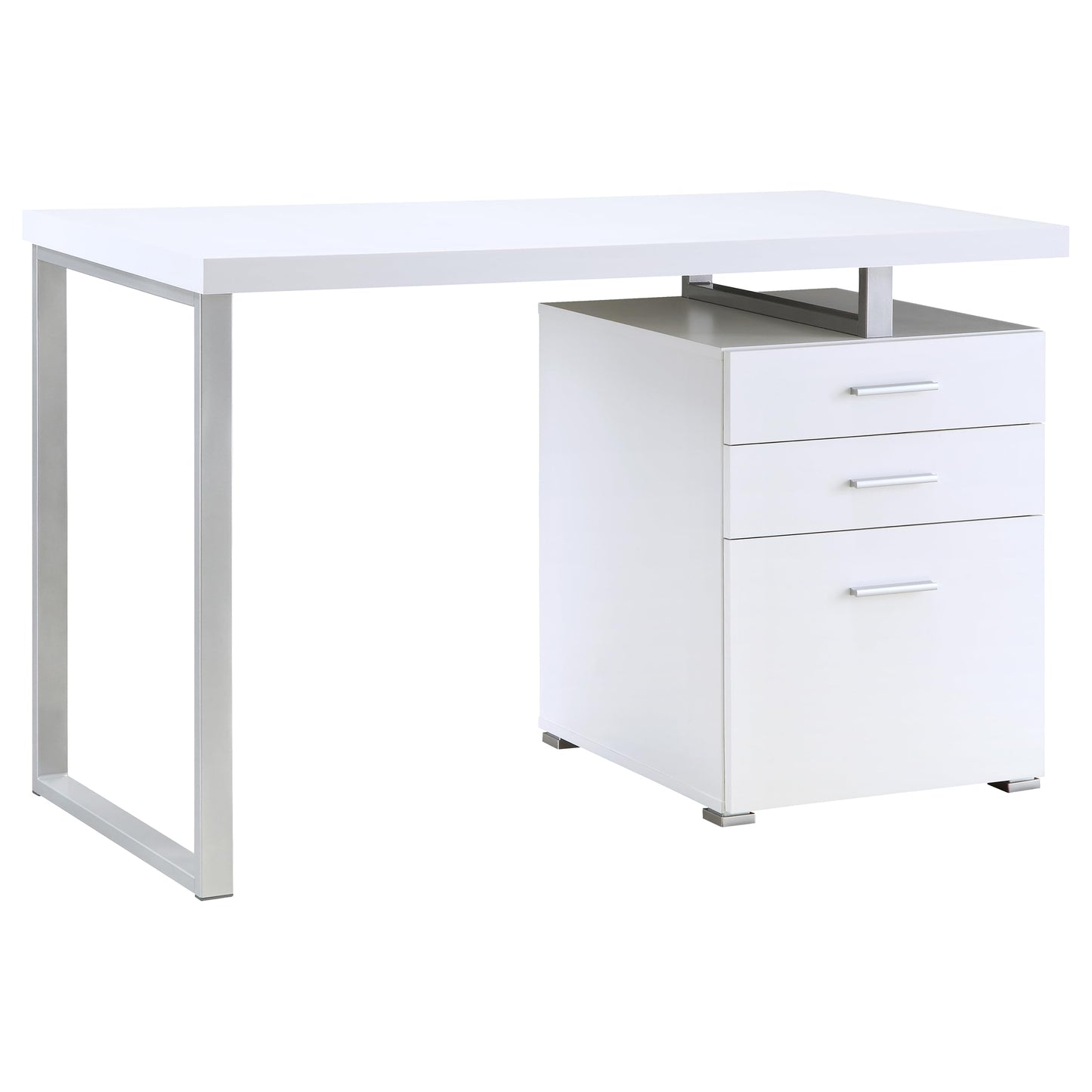 Coaster Home Furnishings Brennan Modern Contemporary Home Office 3-Drawer Writing Desk with Drawers Computer Desk Study Table File Cabinet Storage Silver Metal Frame White 800325