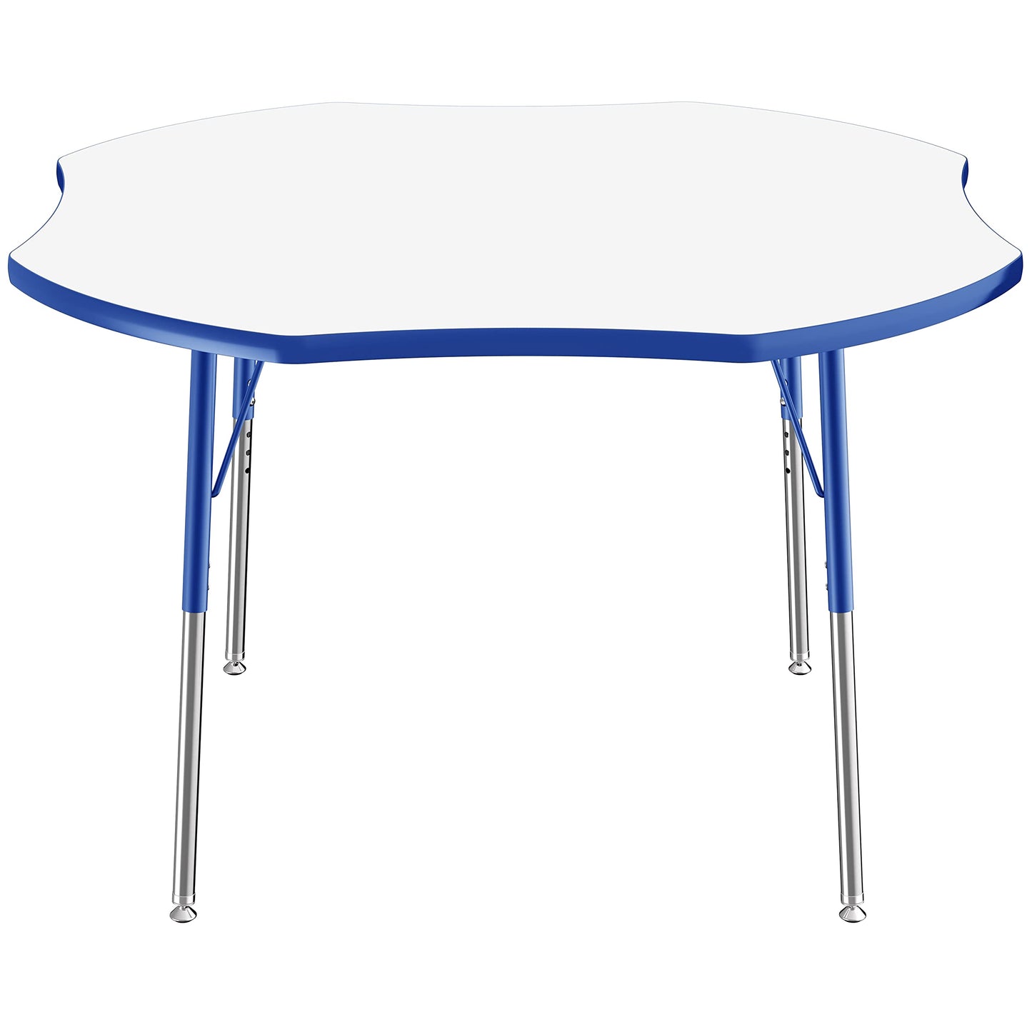 FDP Dry-Erase Clover Activity School and Office Table (48 x 48 inch), Standard Legs with Swivel Glides for Collaborative Spaces, Adjustable Height 19-30 inches - Whiteboard Top, Blue Edge and Legs