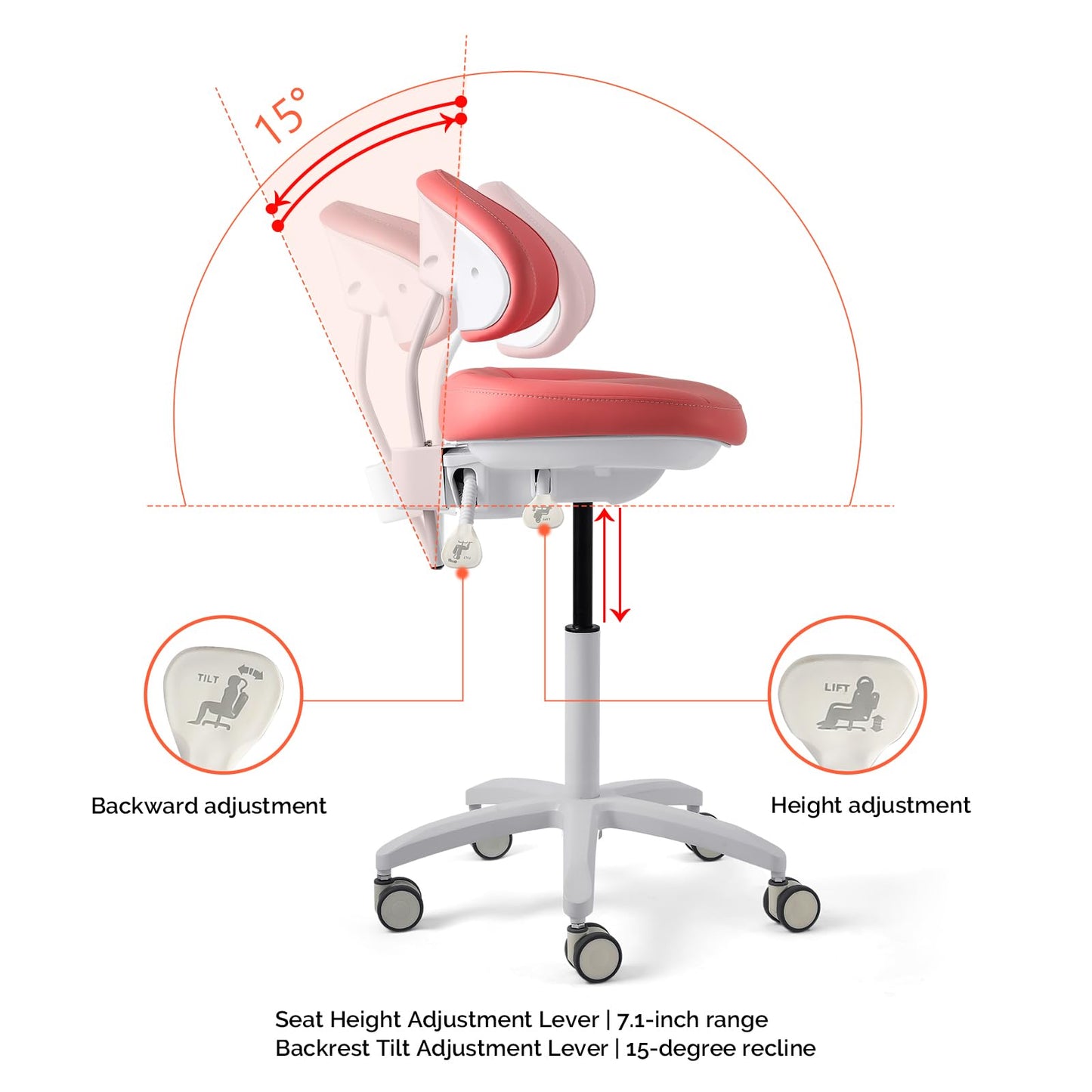 JMU Dental Stool, Adjustable Height Rolling Stool with Backrest, 350lbs Load Capacity Microfiber Leather, for Medical Clinic Lab Tattoo Salon, Pink
