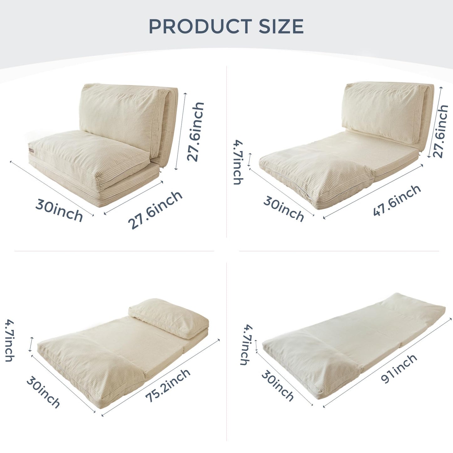 MAXYOYO Folding Sofa Bed, Floor Sofa Convertible Chair with Washable Cover, Floor Couch Lounge Bean Bag Chair Bed for Living Room, Beige, 30x91 Inch
