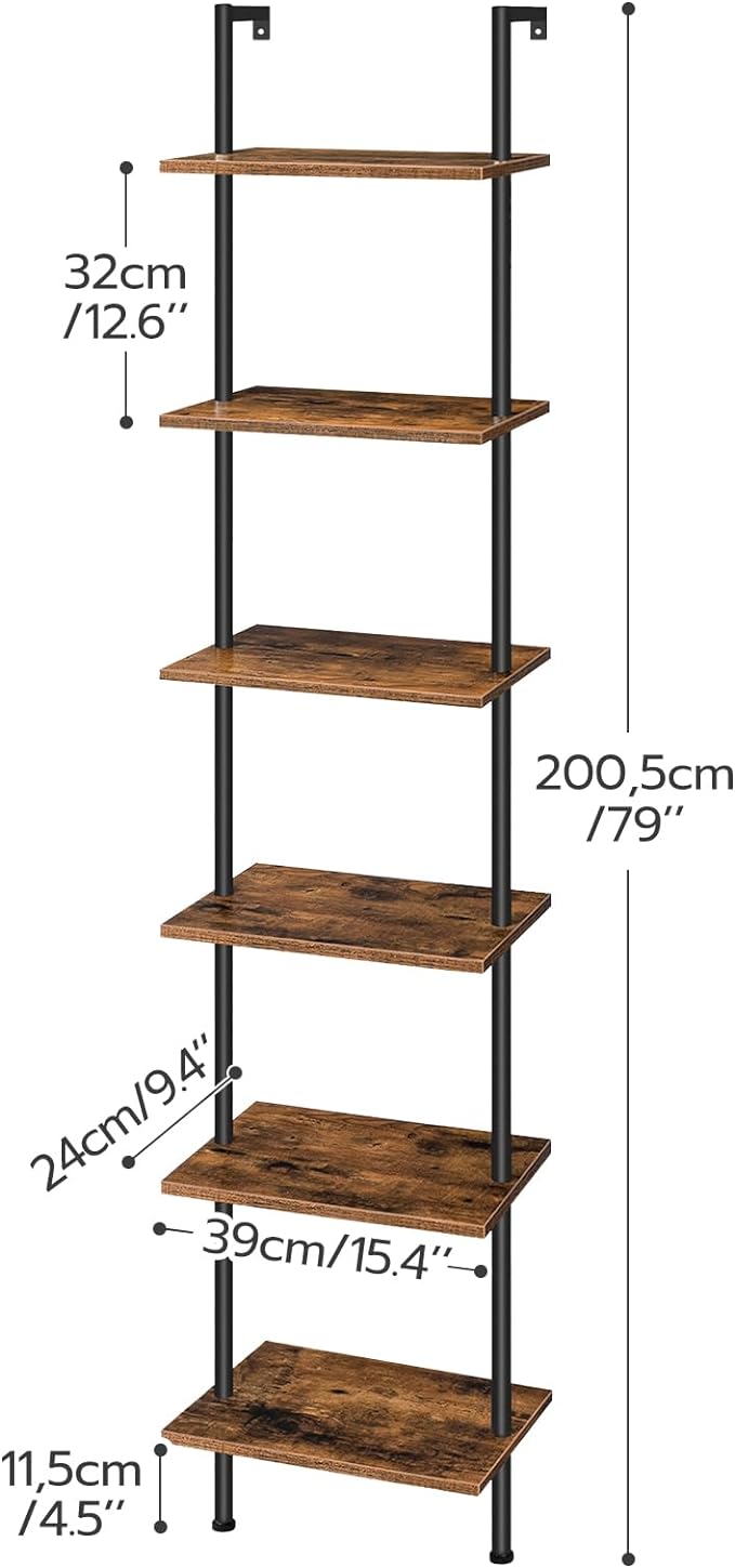 HOOBRO DIY Ladder Shelf, 6-Tier Wooden Wall Mounted Bookshelf, Narrow Bookcase